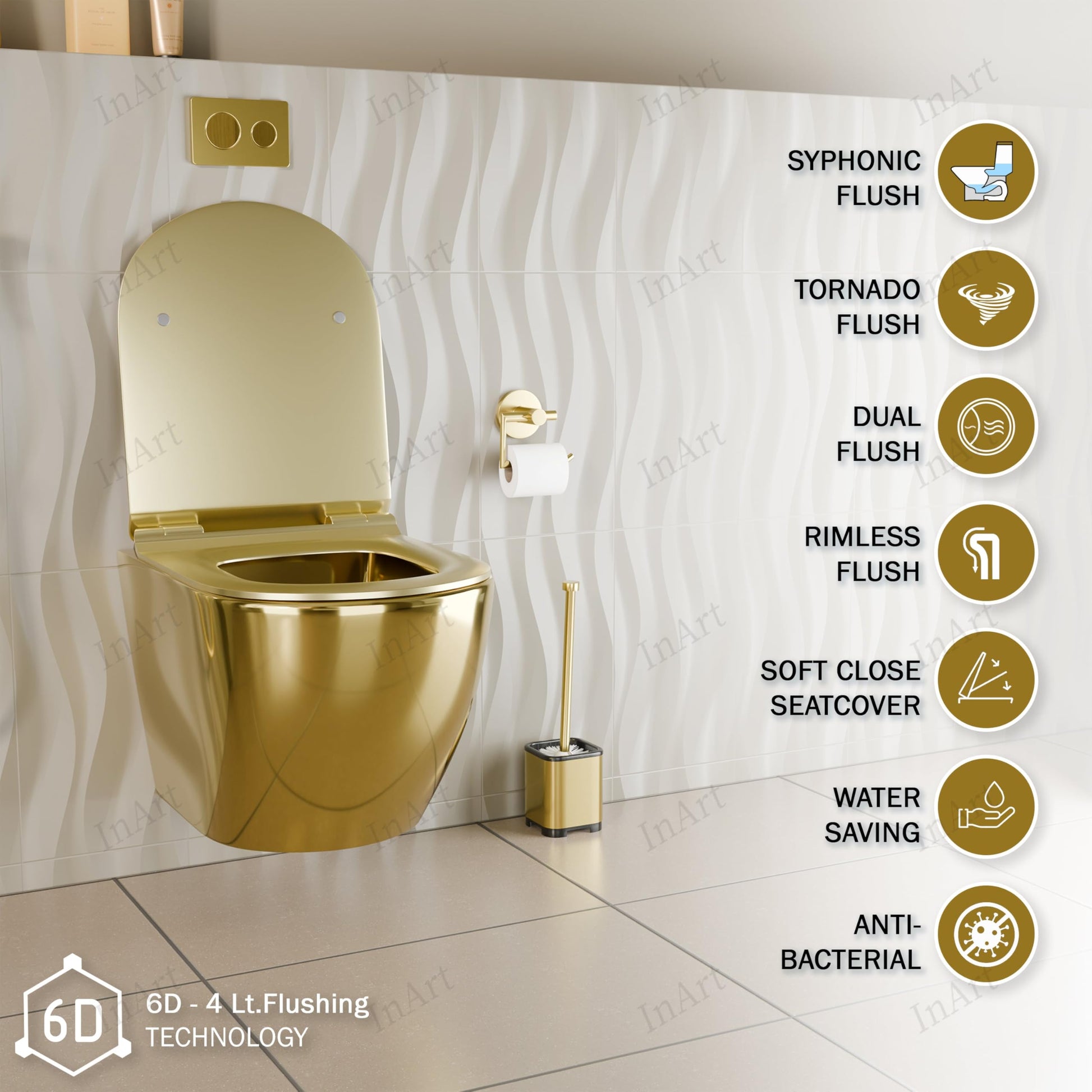 Wall mounted commode price comparison look: premium gold ceramic wall hung EWC, side angle view