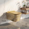 Detail of gold leaf pattern on InArt ceramic wall mounted closet, glossy white square western toilet for bathrooms