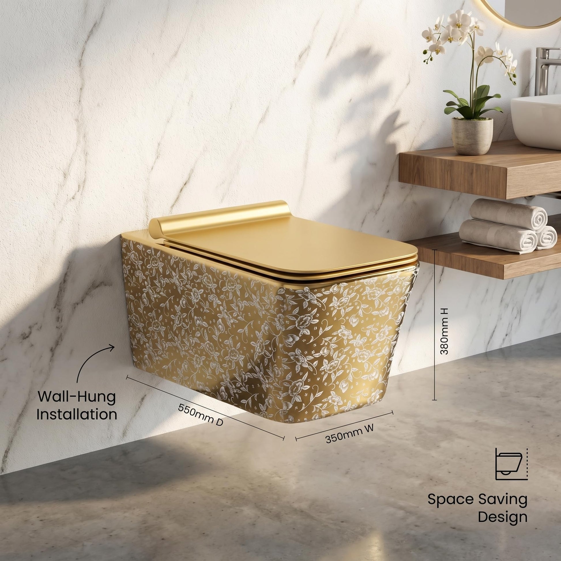 Detail of gold leaf pattern on InArt ceramic wall mounted closet, glossy white square western toilet for bathrooms