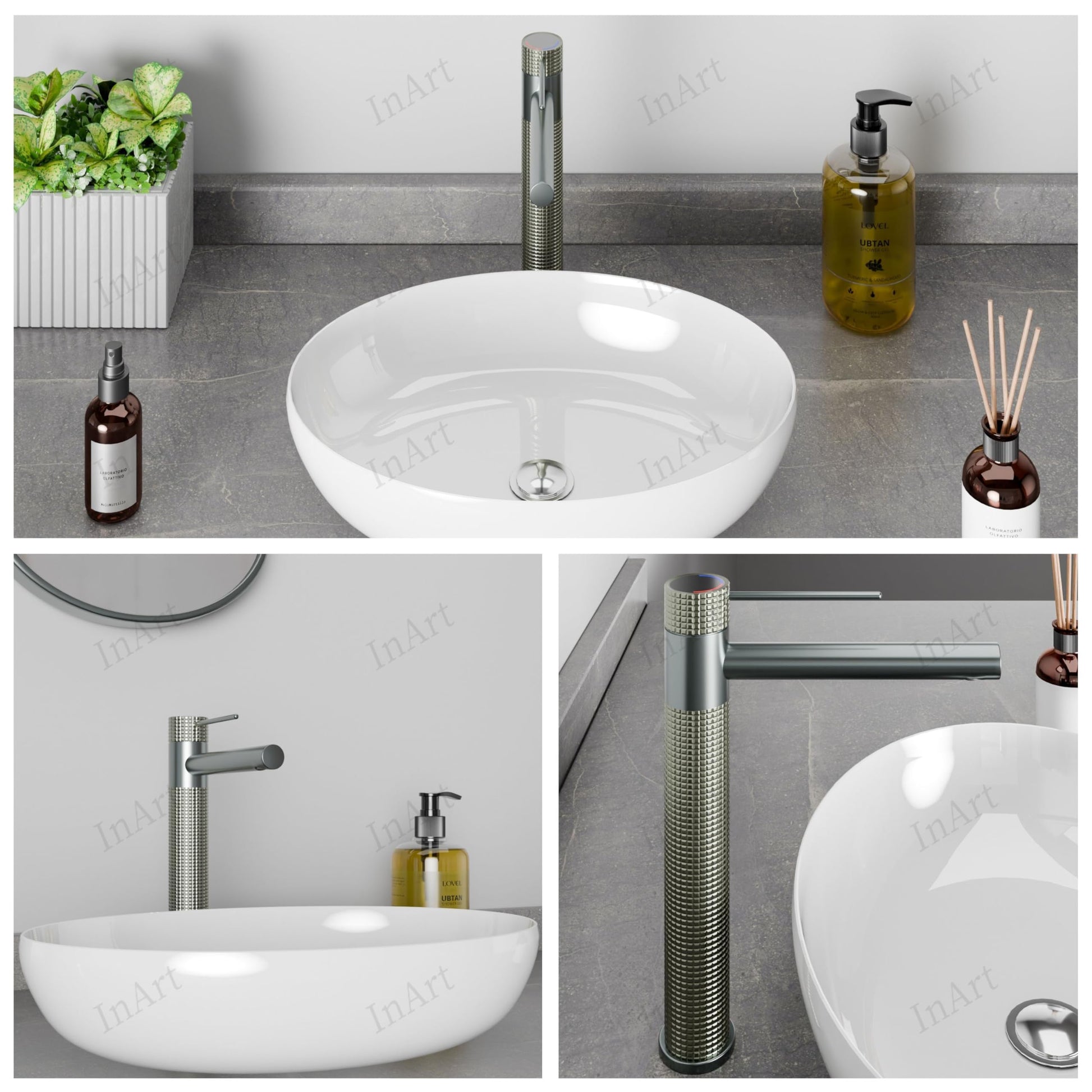 InArt wash basin mixer tap deck mount showing hot and cold water provision, gun grey brass bathroom mixer tap