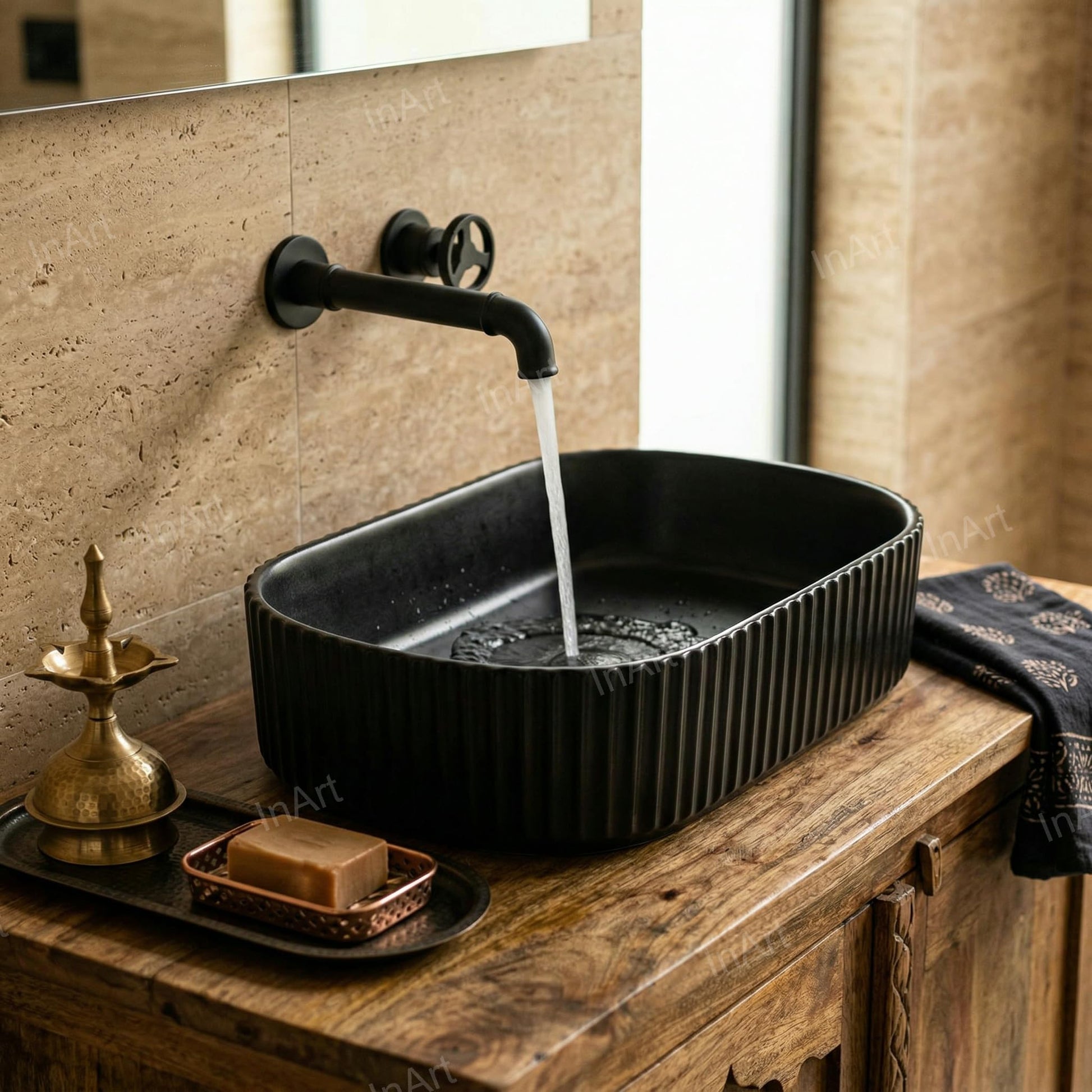 Close-up of matte black ceramic wash basin rim and smooth finish, premium sanitaryware for bathrooms