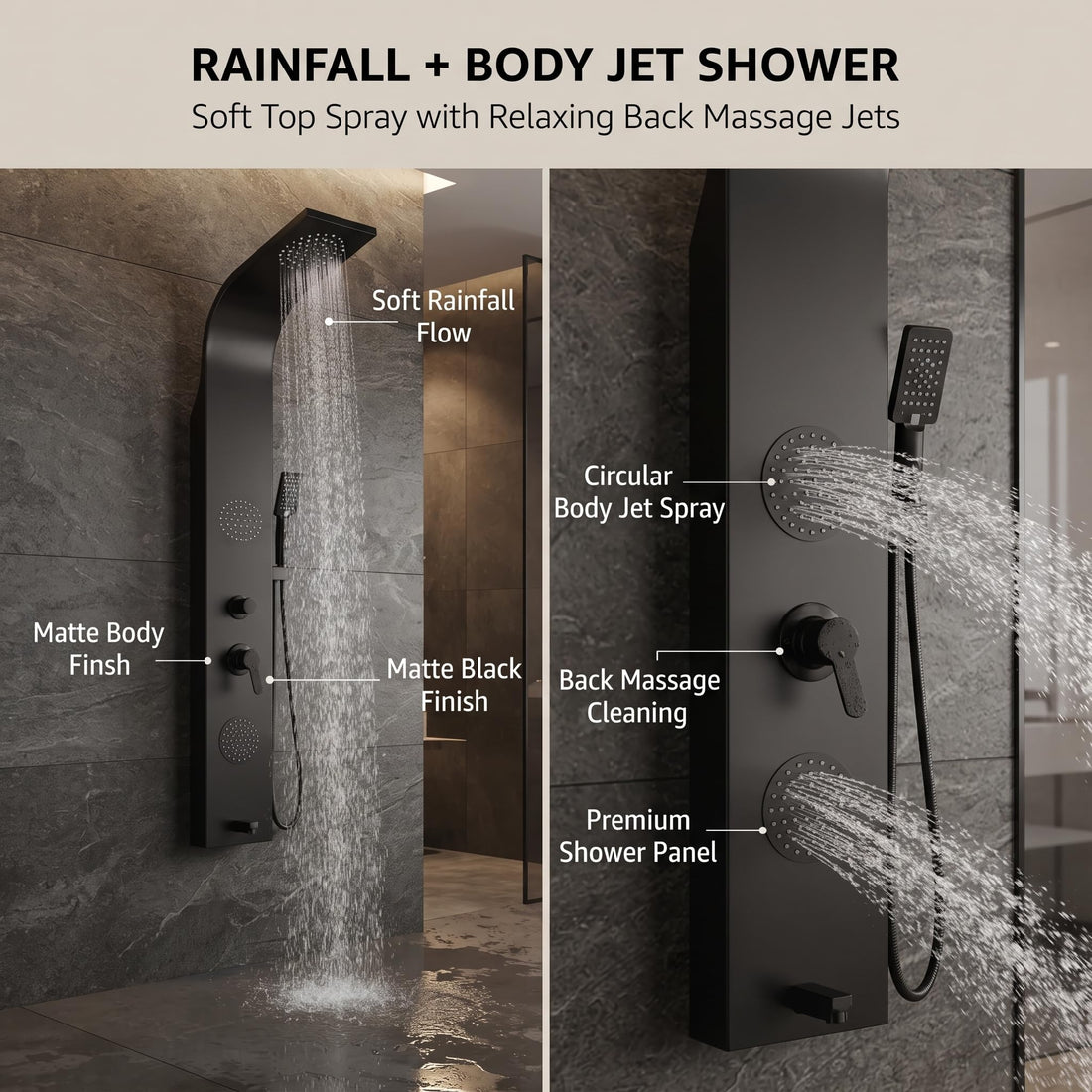 InArt black shower panel in 304 stainless steel, rectangular matte black shower system front view