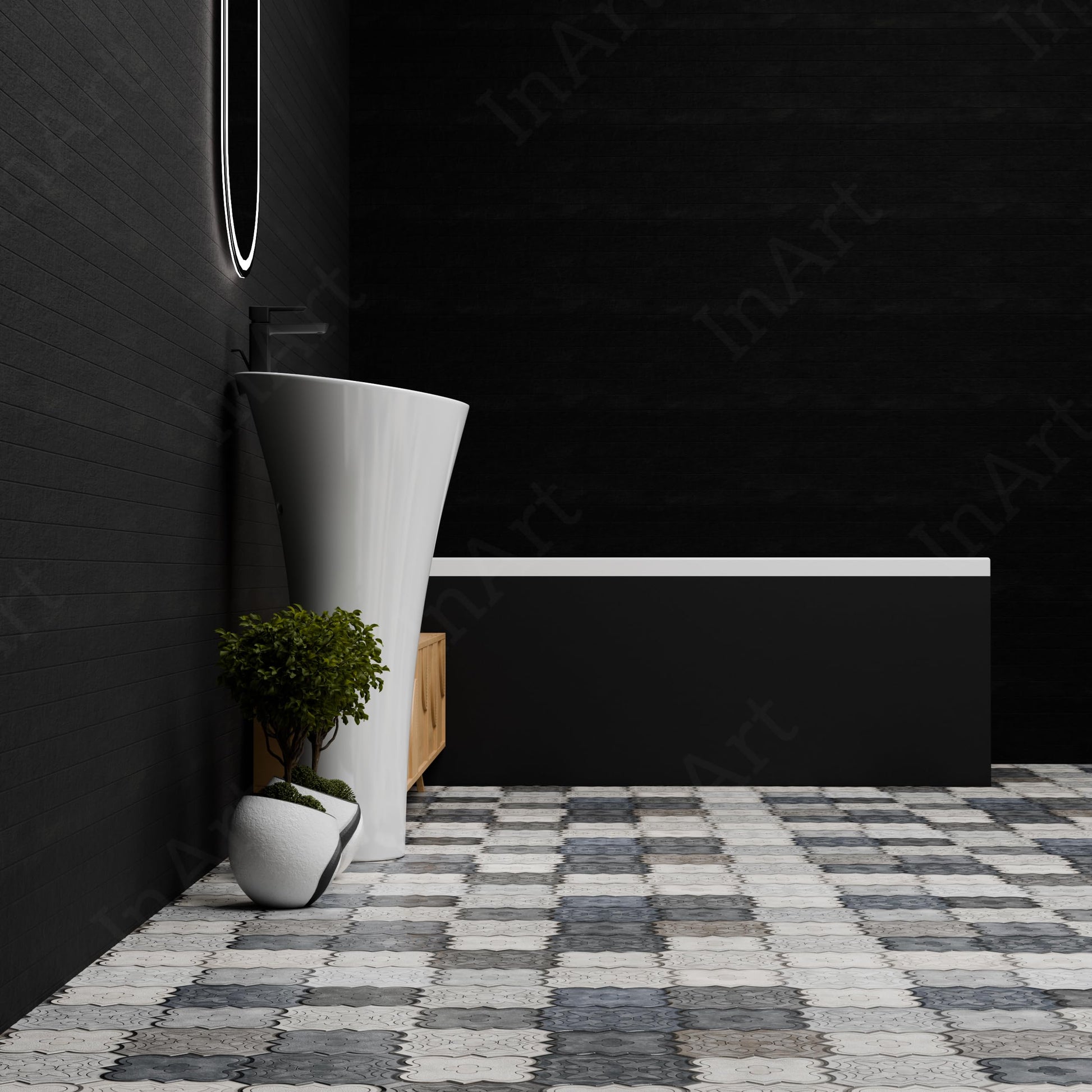 New style modern pedestal wash basin, round ceramic single piece with full pedestal, 3/4 angle view