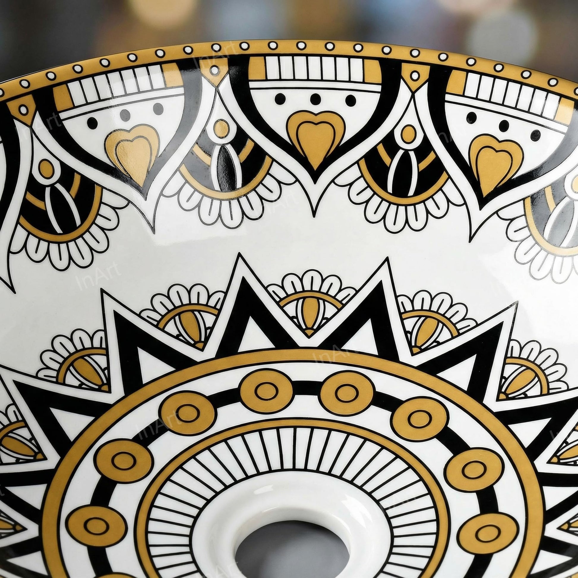 Round table top wash basin in bathroom interior, yellow ceramic basin with tap hole, premium look