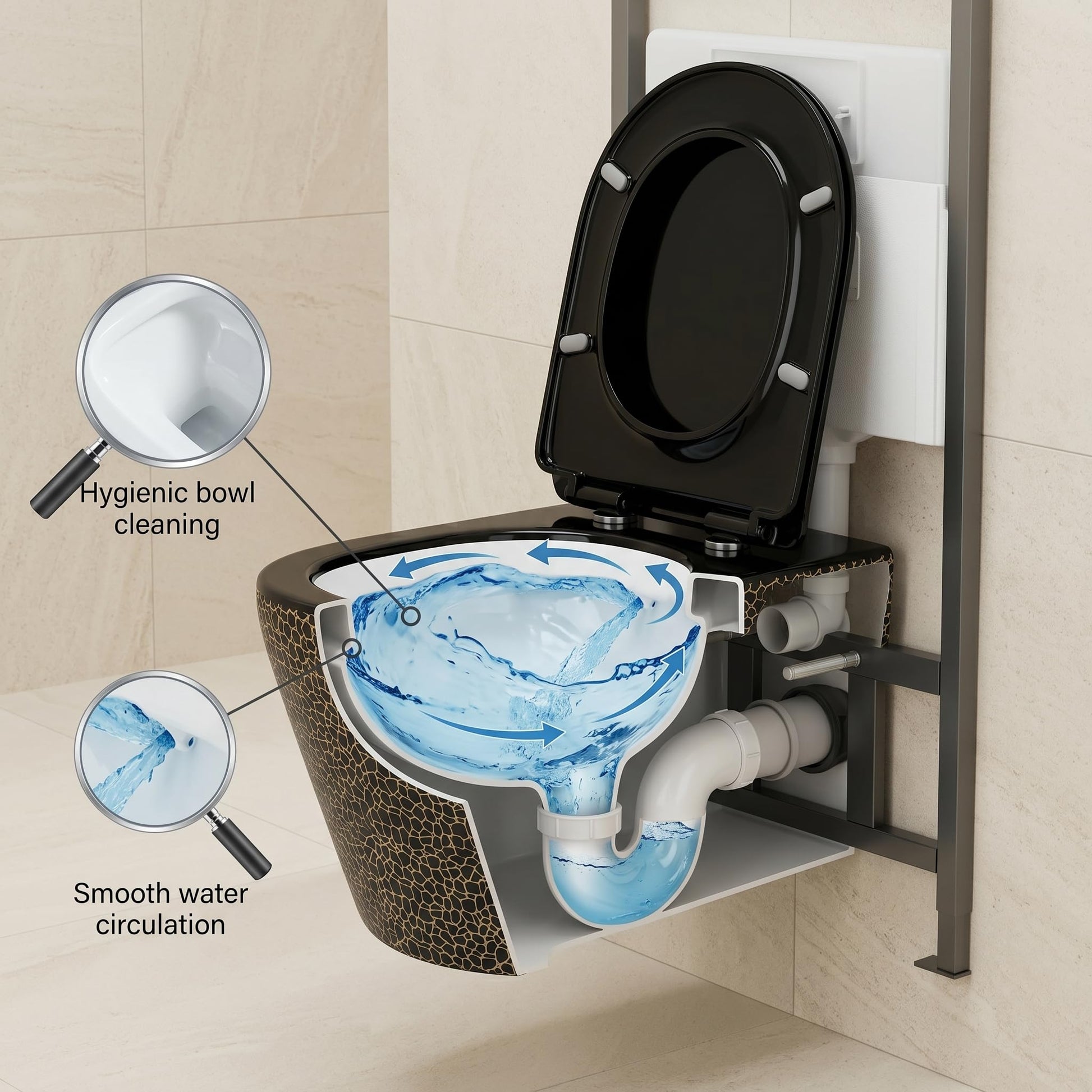 Close-up of ceramic surface with black gold finish on wall hung commode