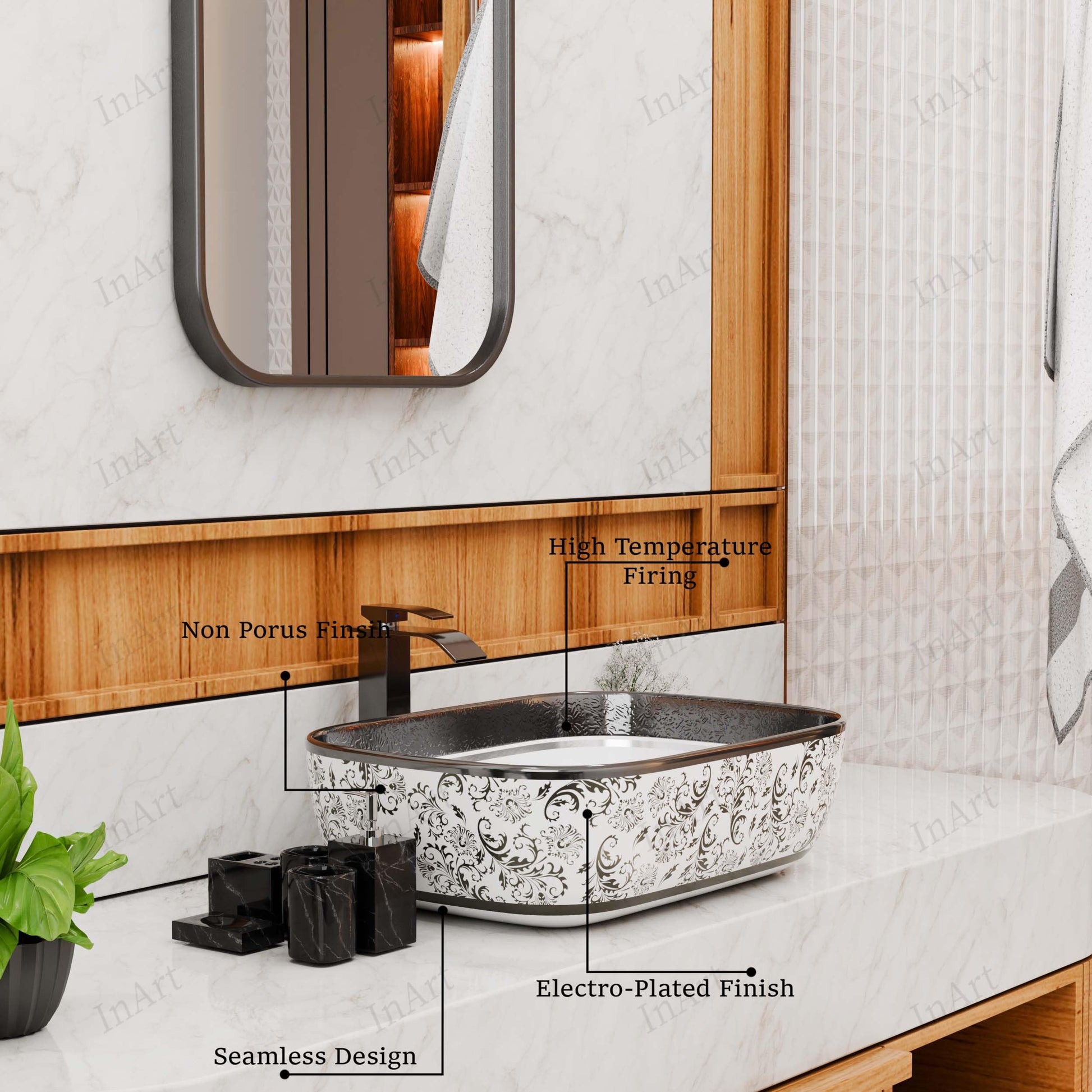 Table top wash basin with cabinet styling idea, silver white rectangular ceramic basin on vanity