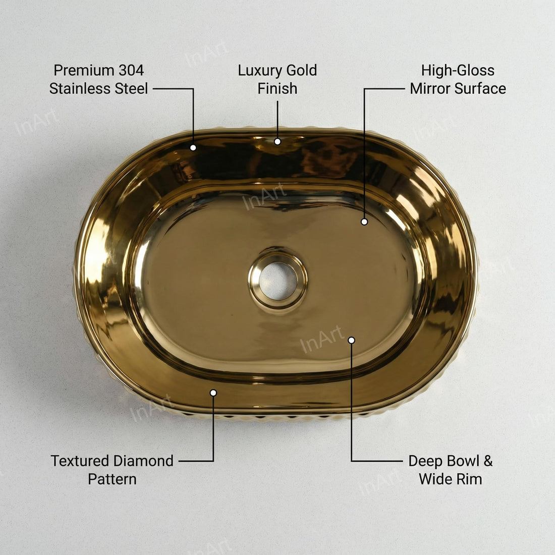 Wash basin online: InArt glossy gold ceramic oval table top wash basin 45x34cm, front view
