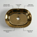 InArt designer gold wash basin in ceramic, oval tabletop basin angled view for modern bathroom