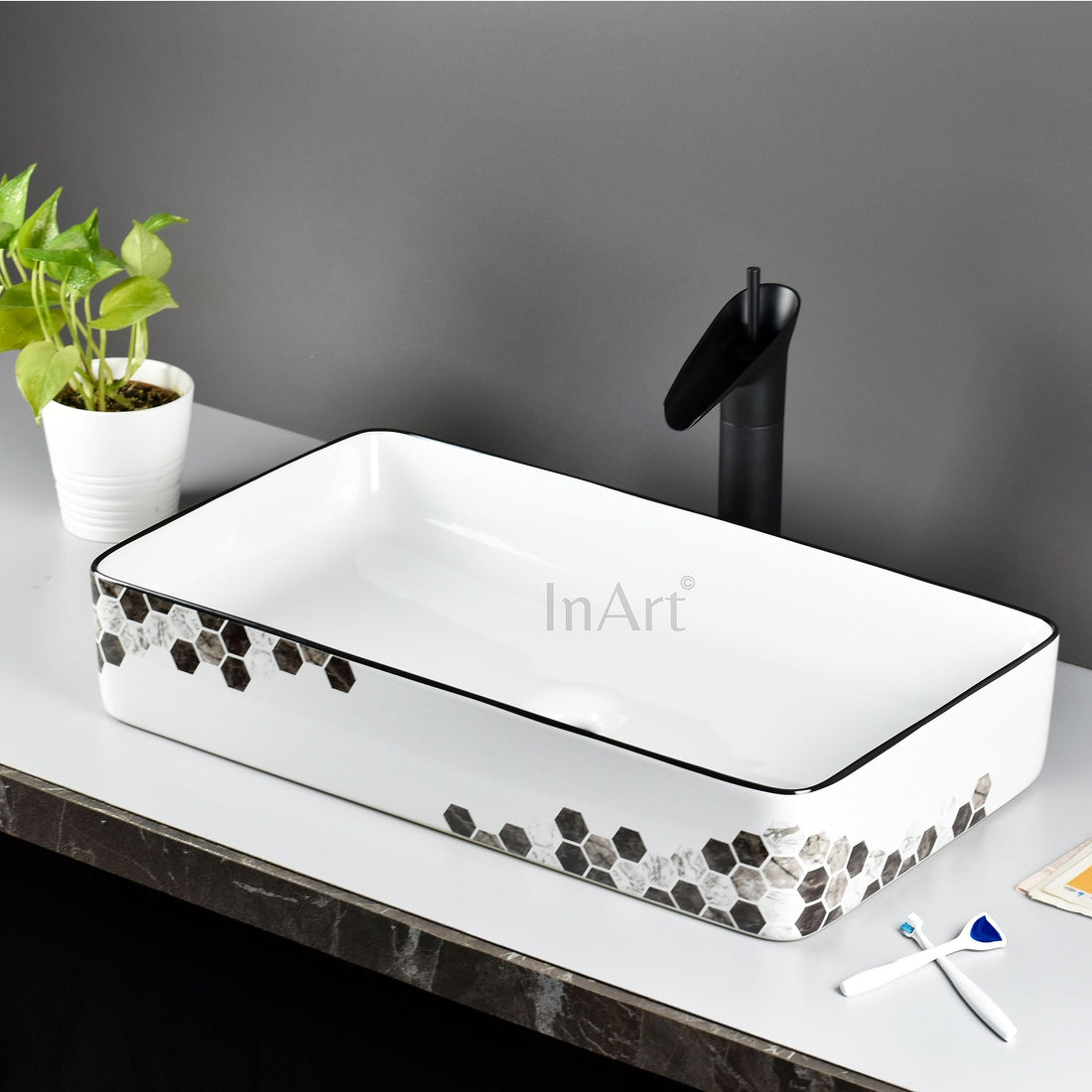 InArt wash basin cabinet ceramic rectangular table top wash basin, black white two-tone, front view