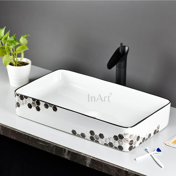 InArt wash basin cabinet ceramic rectangular table top wash basin, black white two-tone, front view