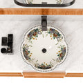 Unique small bathroom sinks option, compact round table top wash basin with Moroccan blue floral pattern