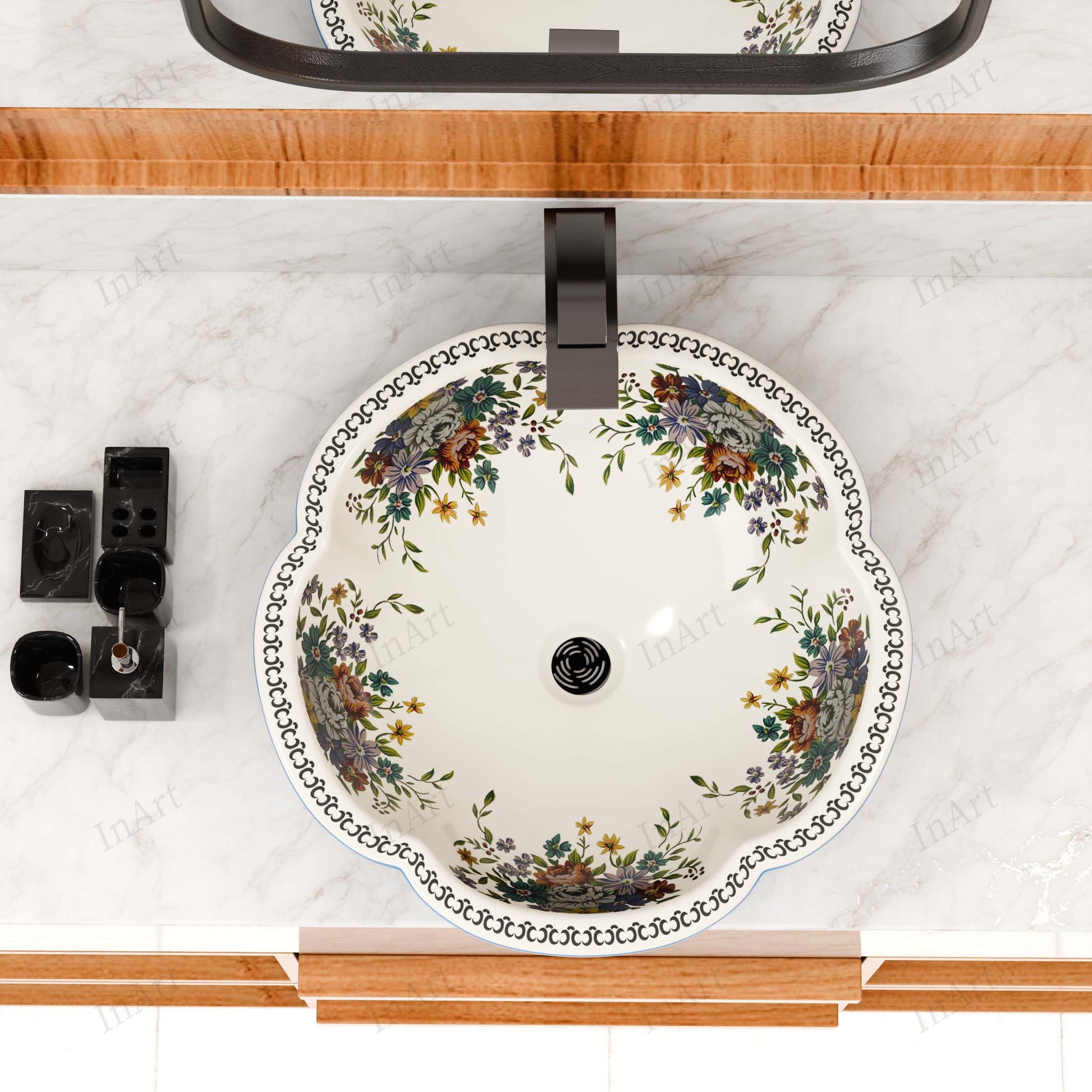 Unique small bathroom sinks option, compact round table top wash basin with Moroccan blue floral pattern