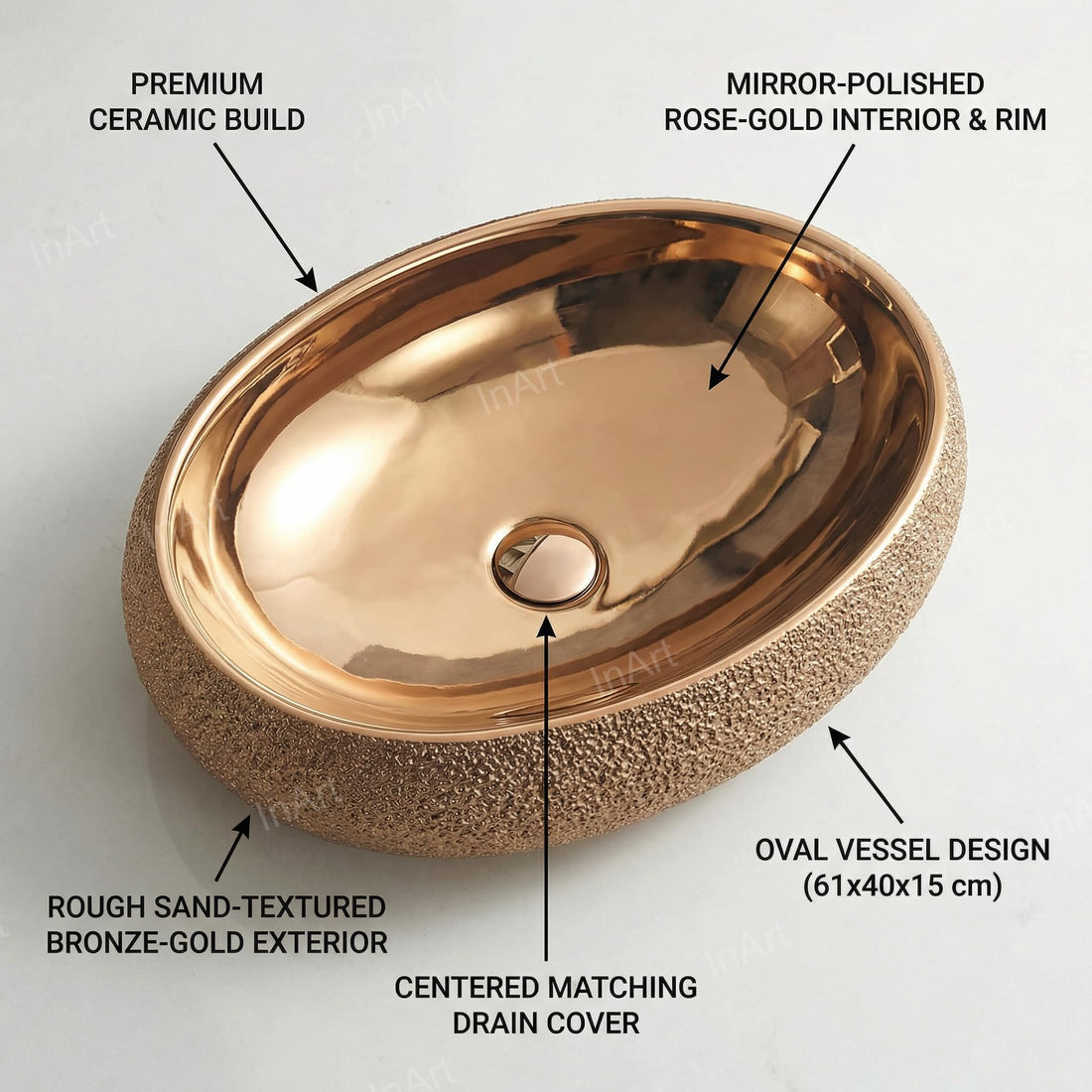 InArt ceramic table top wash basin design, rectangular rose gold polished finish, front view