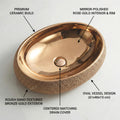 Designer table top basin design in rose gold ceramic, modern bathroom sink angled view