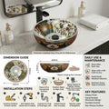 Art vanity washbasin in multicolour floral ceramic, top view showing round tabletop basin design