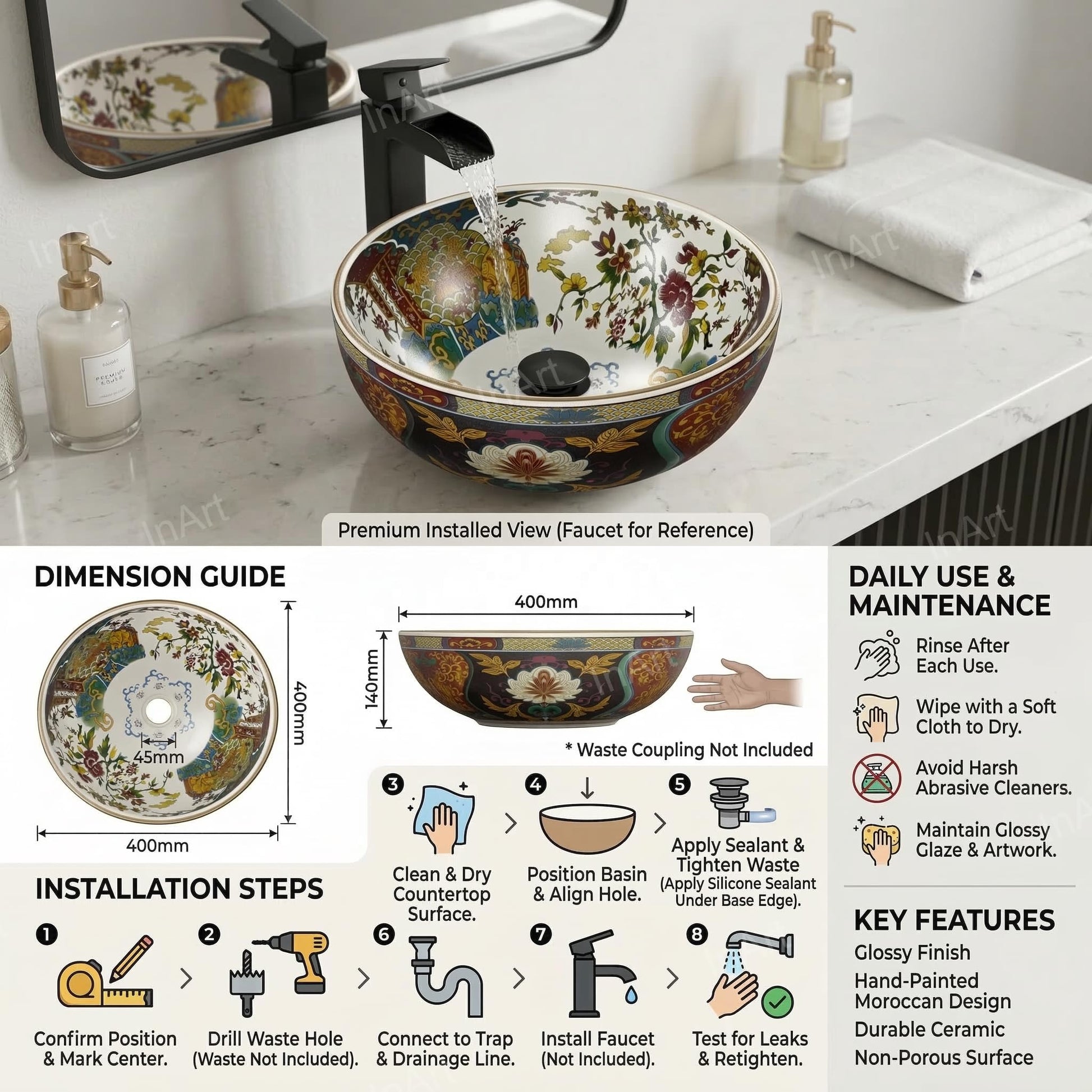 Art vanity washbasin in multicolour floral ceramic, top view showing round tabletop basin design