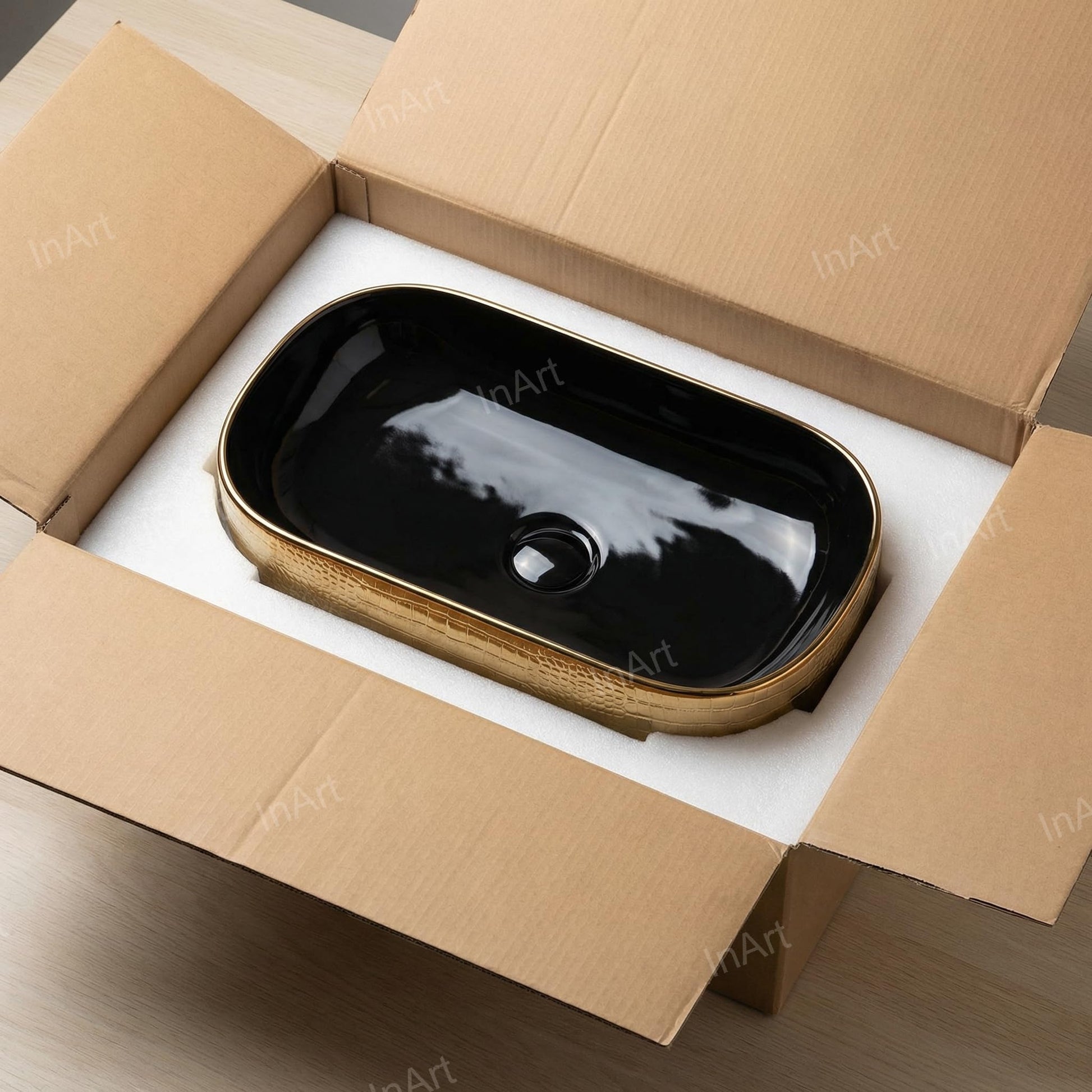 Table top wash basin online option, luxurious black gold ceramic designer basin for bathroom vanity, side profile