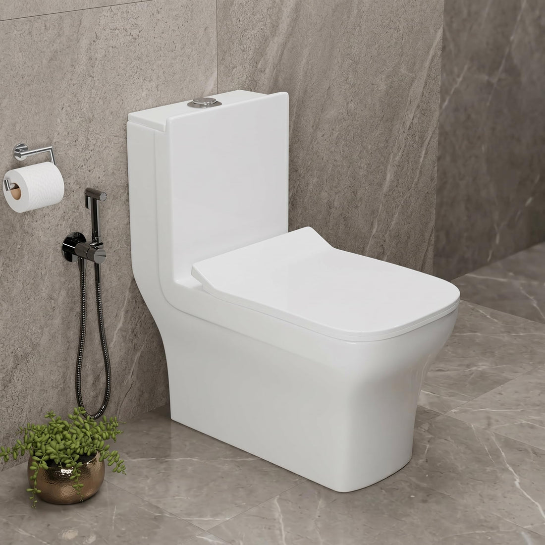 InArt ceramic one piece western toilet in glossy white, square floor mounted commode front view