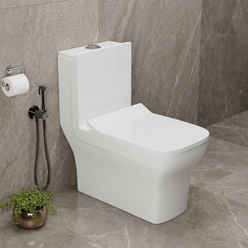 InArt ceramic one piece western toilet in glossy white, square floor mounted commode front view