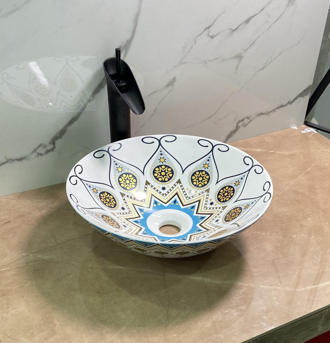 InArt cera table top wash basin, round ceramic blue yellow Mexican design, glossy finish