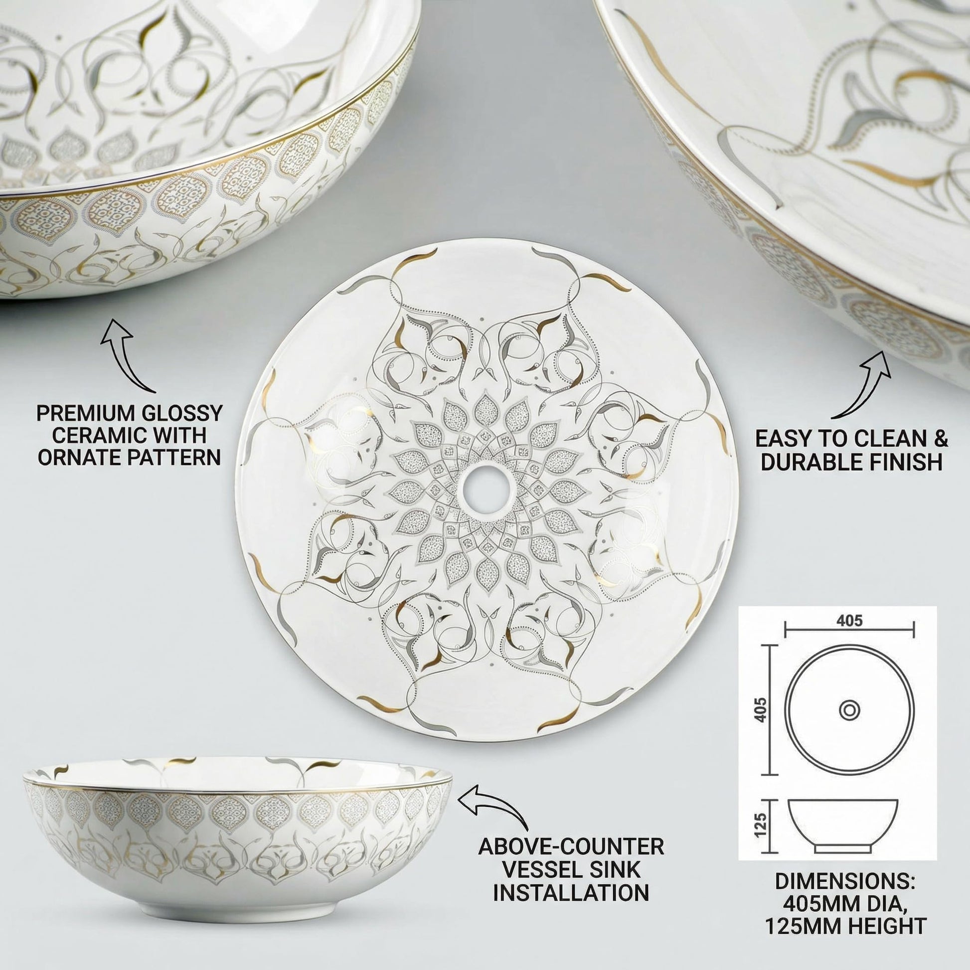 Modern ceramic table top wash basin design, round over counter wash basin in glossy white with gold, side angle