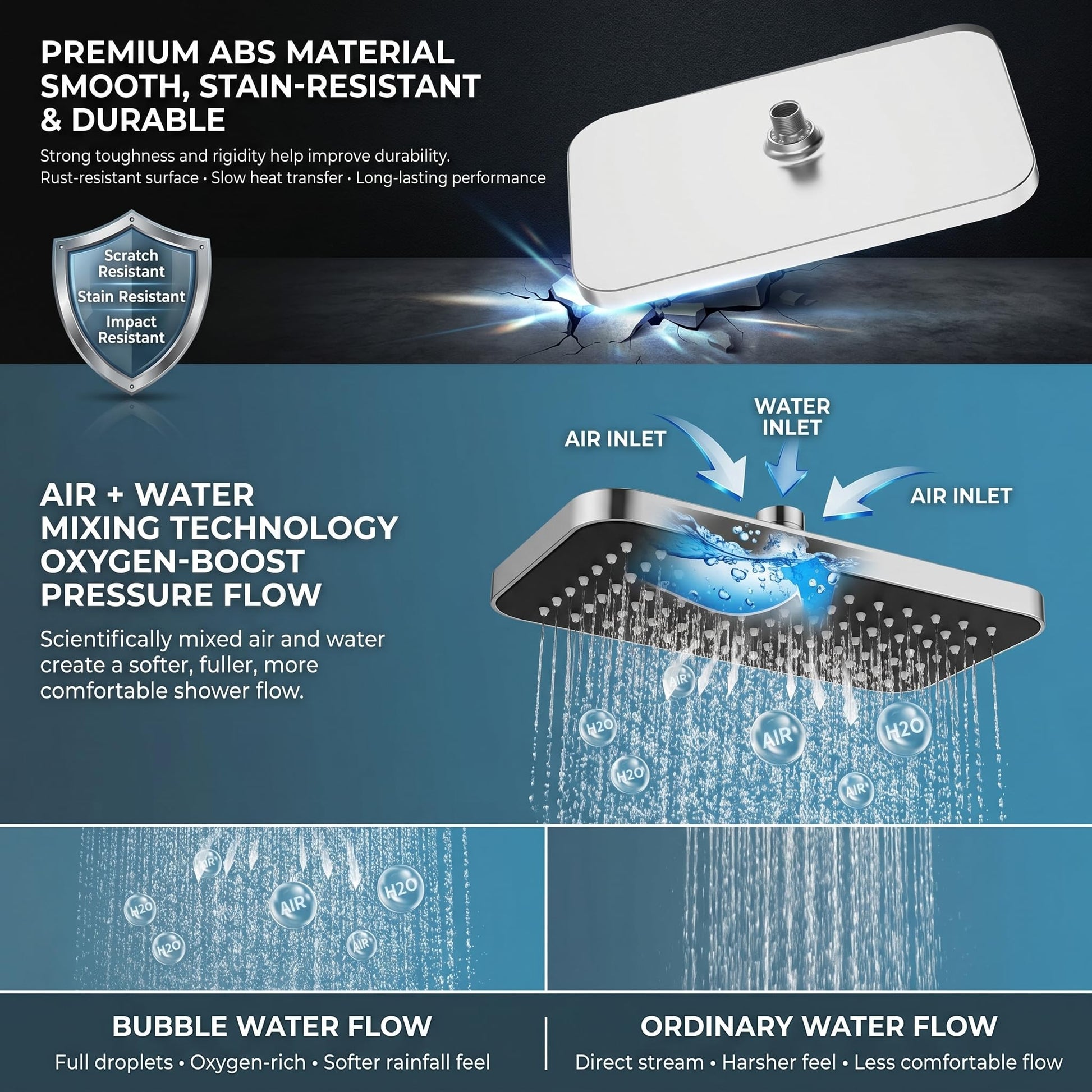 Chrome glossy bathroom rain shower head angled view for modern washroom setup