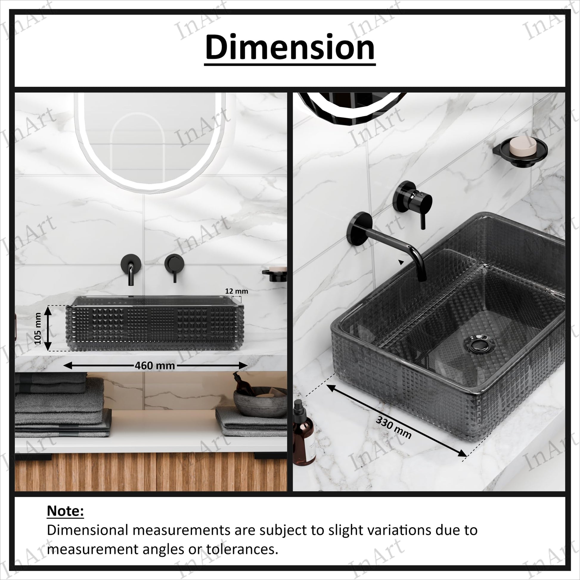 InArt black glass wash basin, modern rectangular wash basin for vanity