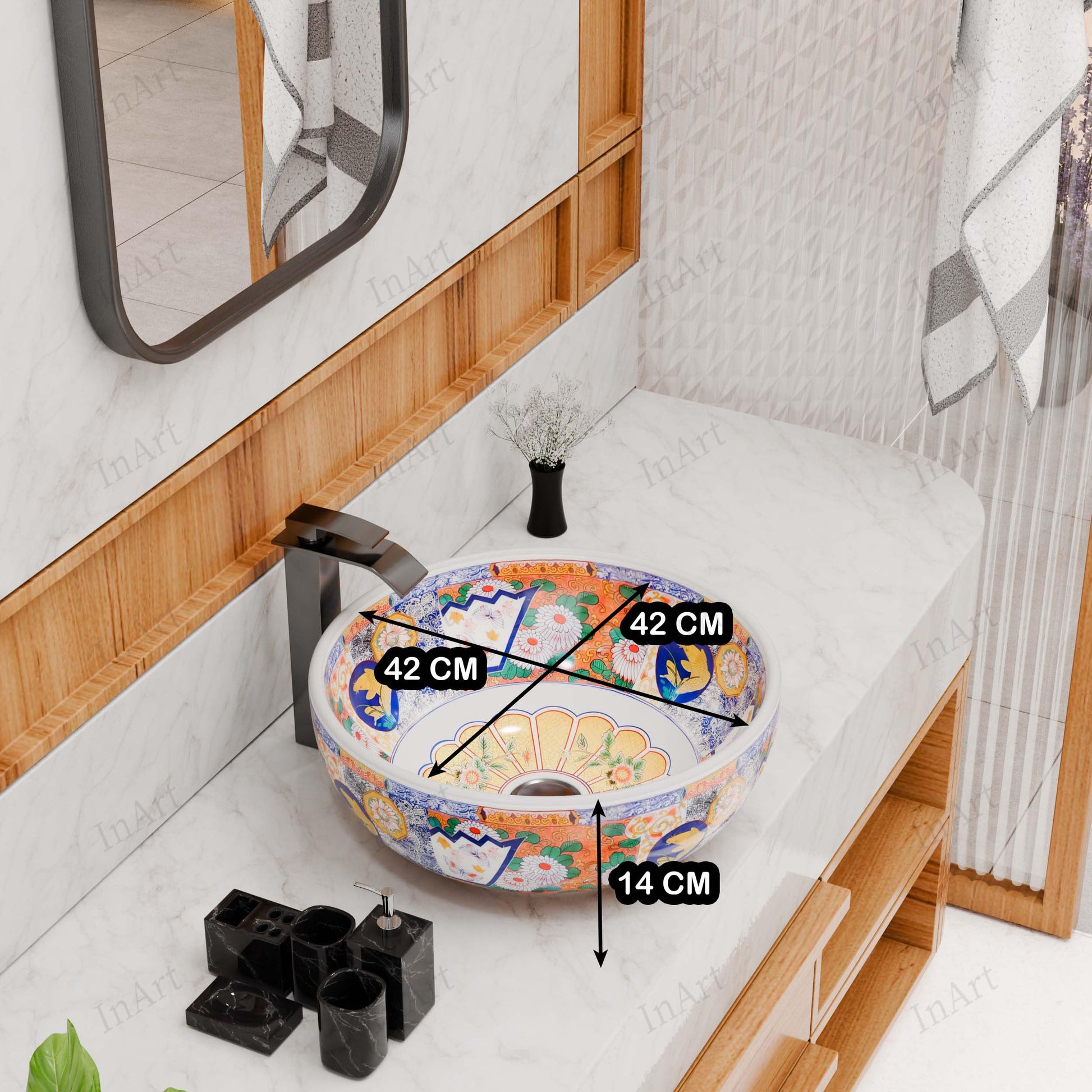 InArt ceramic table top basin design for washroom interiors, Mexican multi colour square basin top view