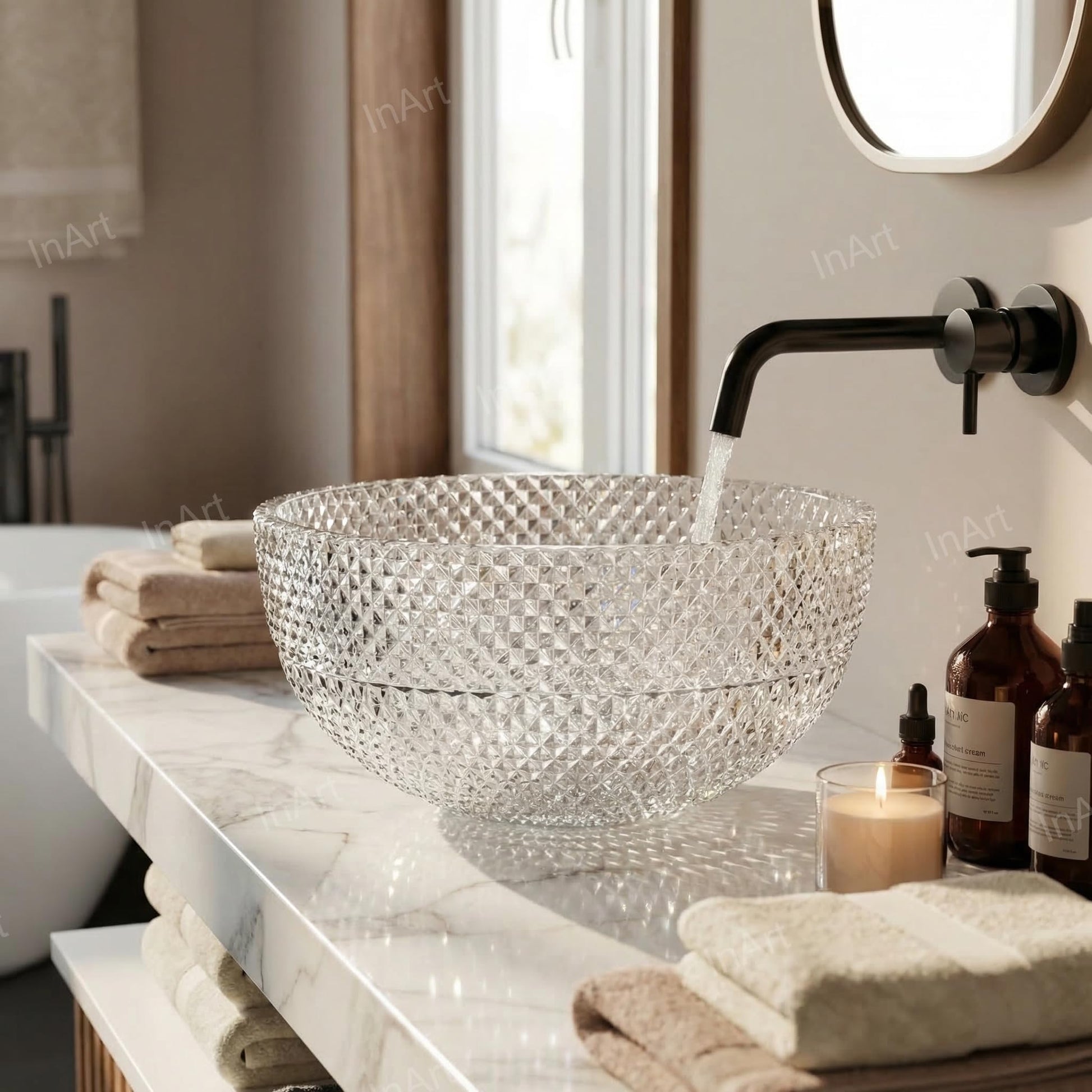 Top view of round clear glass wash basin design for table top installation