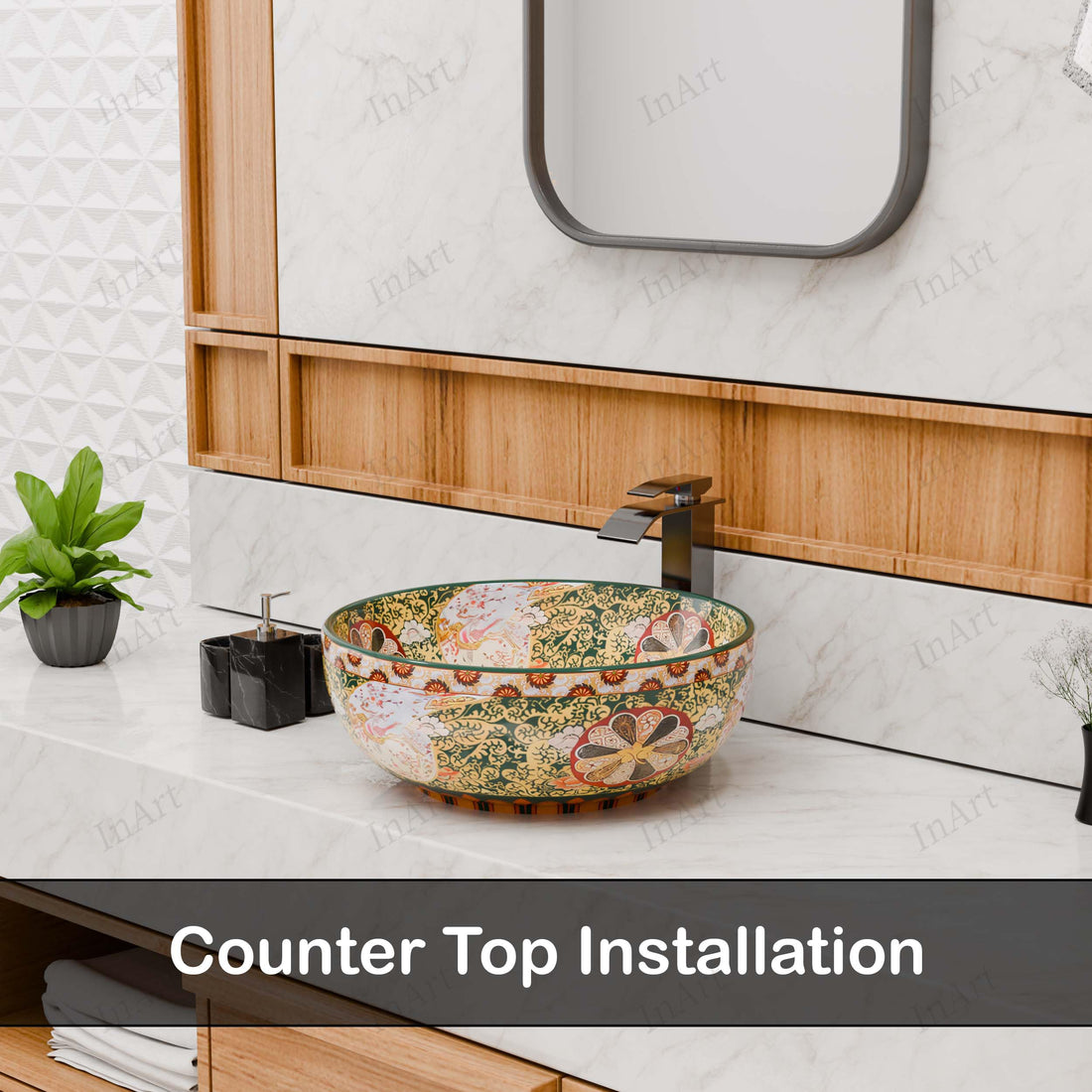 InArt table top wash basin design, glossy green multicolour square ceramic basin 42x42 cm