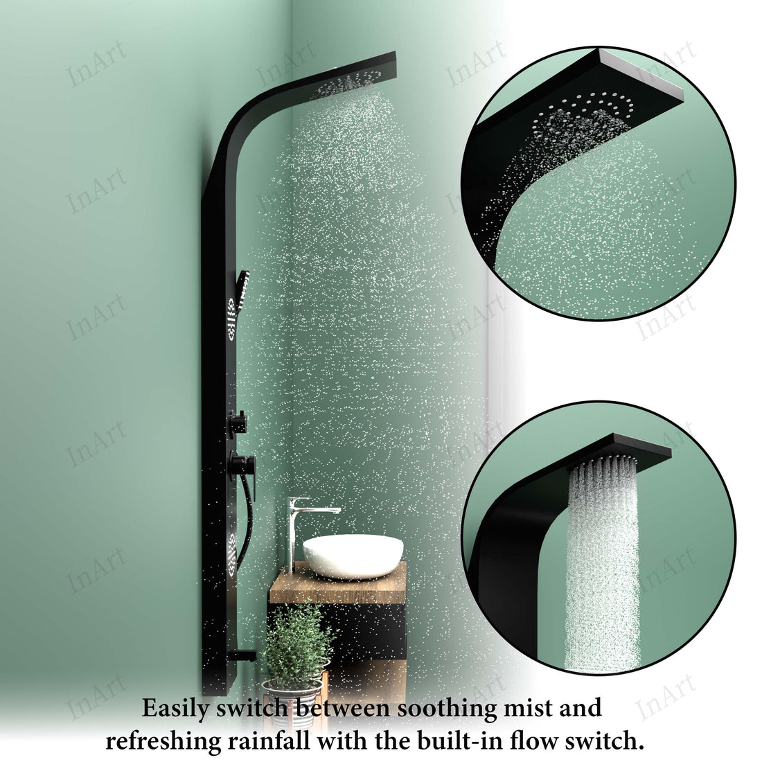 InArt bathroom shower panels in 304 stainless steel, rectangular matte black shower panel tower with mixer