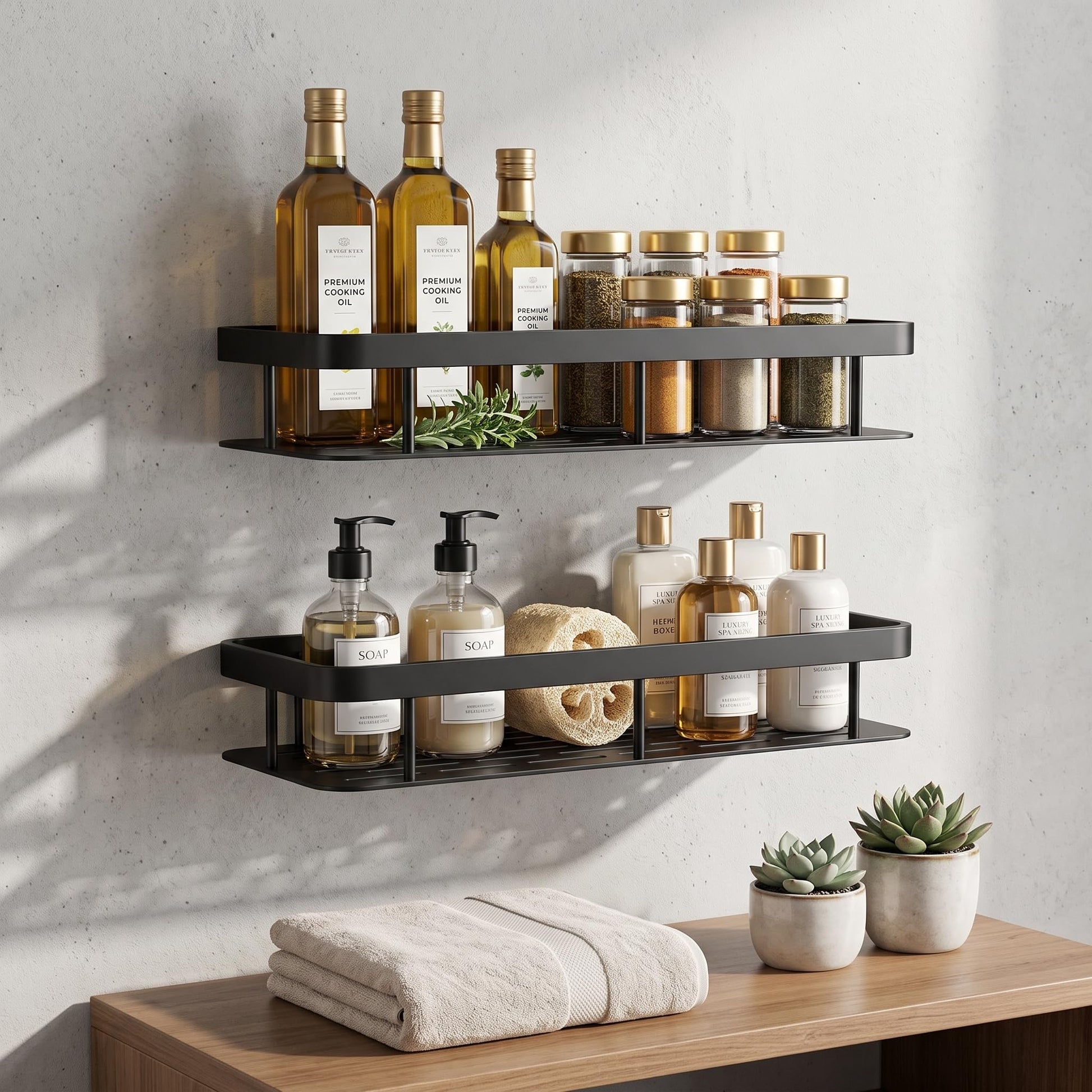 Close-up of rust-resistant aluminium bathroom shelf with matte black coating