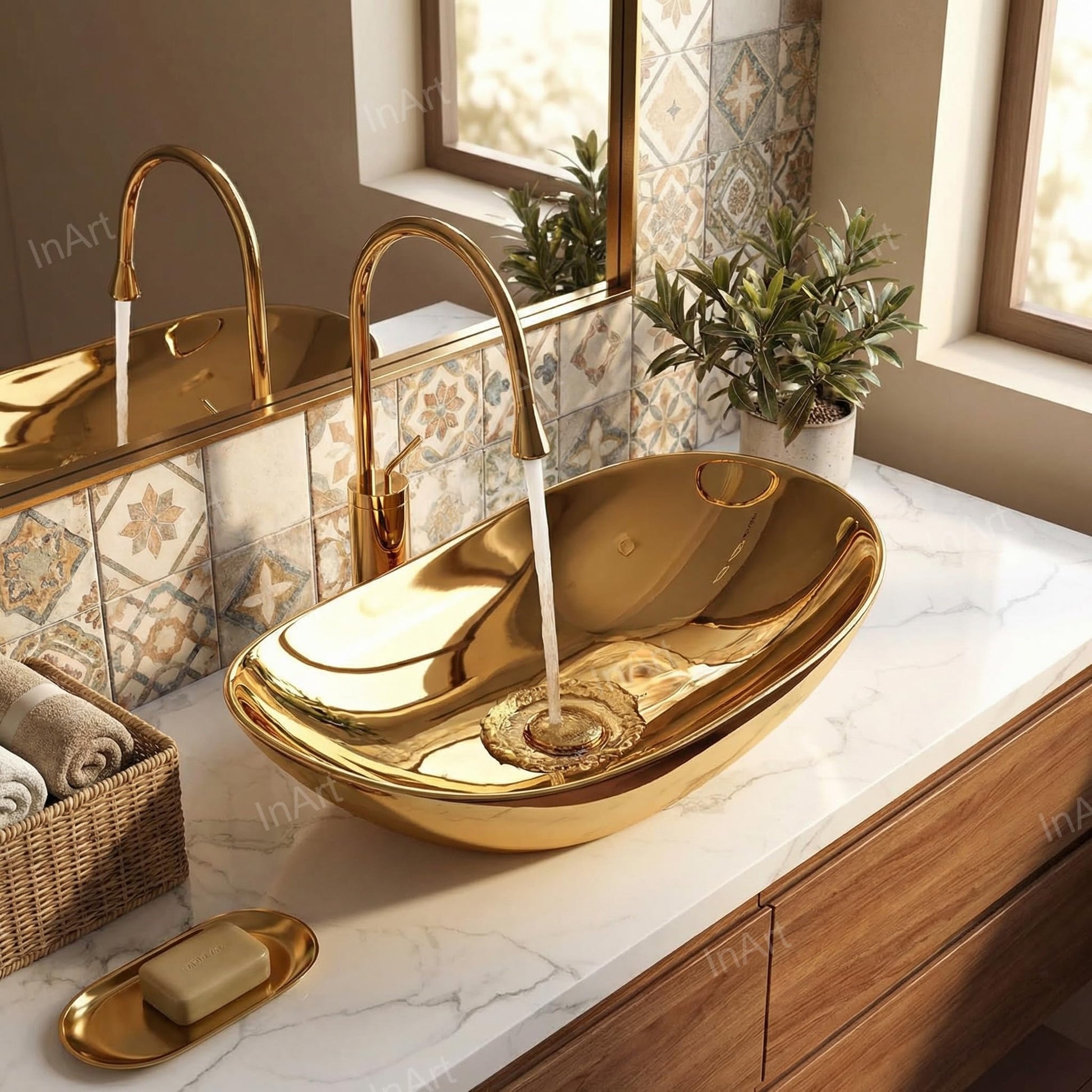 InArt premium sanitaryware gold ceramic wash basin on table, oval boat shape, close-up finish detail