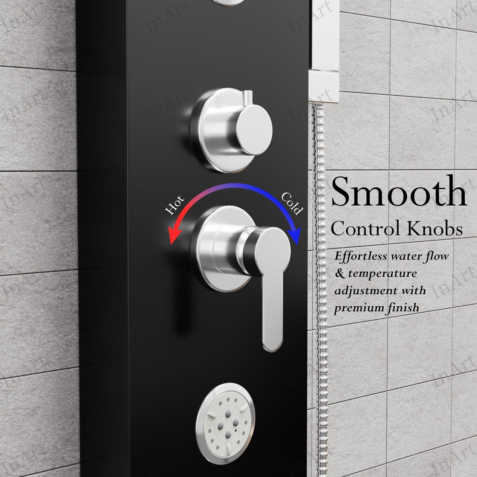 Matte black shower tower system, rectangular shower column with rainfall and waterfall head, angled view