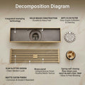 Square brass floor drain jali with anti-foul cockroach trap, angled view in antique brass finish