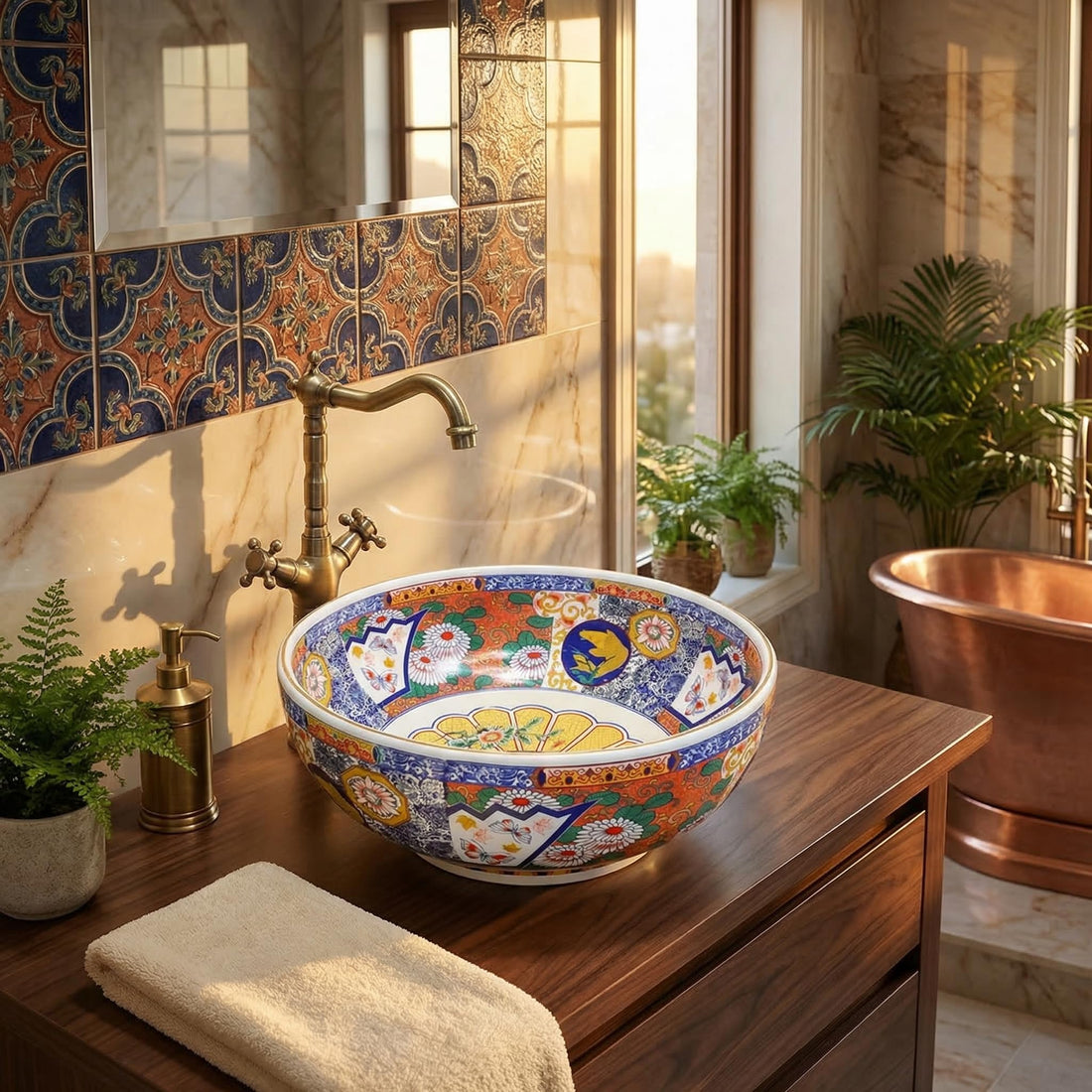 InArt table top wash basin design, glossy ceramic square Mexican pattern, multi colour 42x42 cm