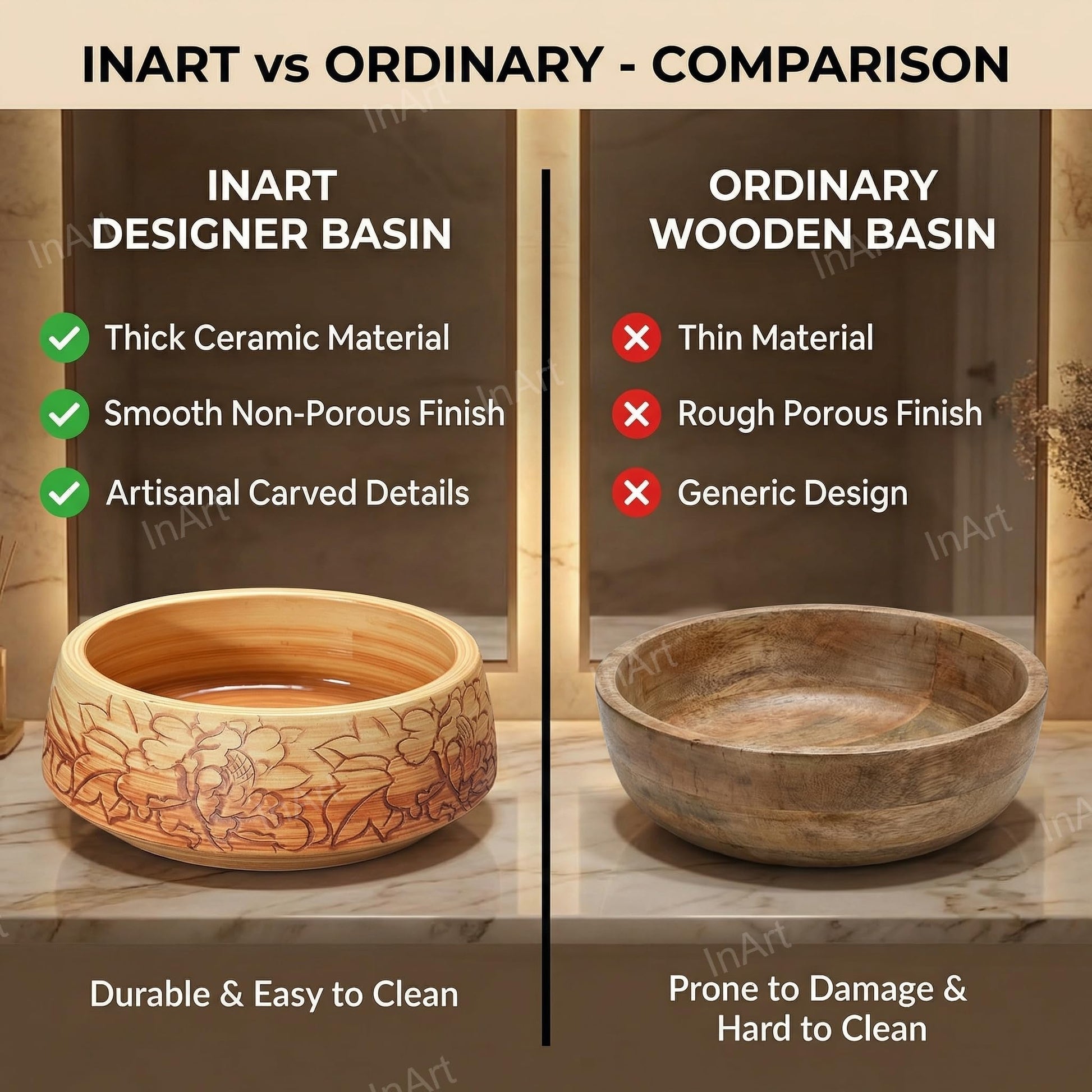 Premium sanitaryware table wash basin designs, square ceramic wooden colour basin for Indian bathrooms