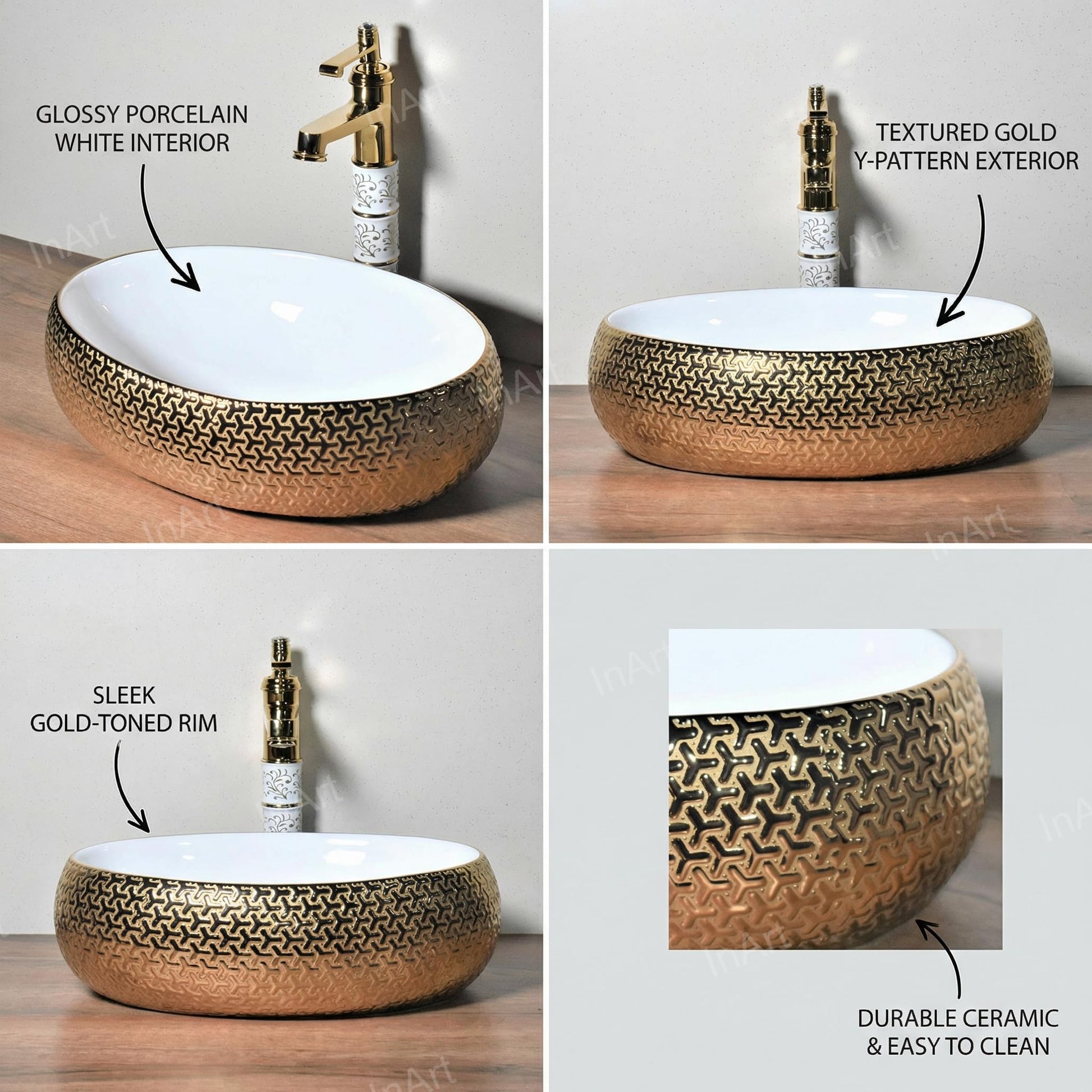 Luxury golden wash basin in ceramic, designer table top basin with glossy finish, top angle view