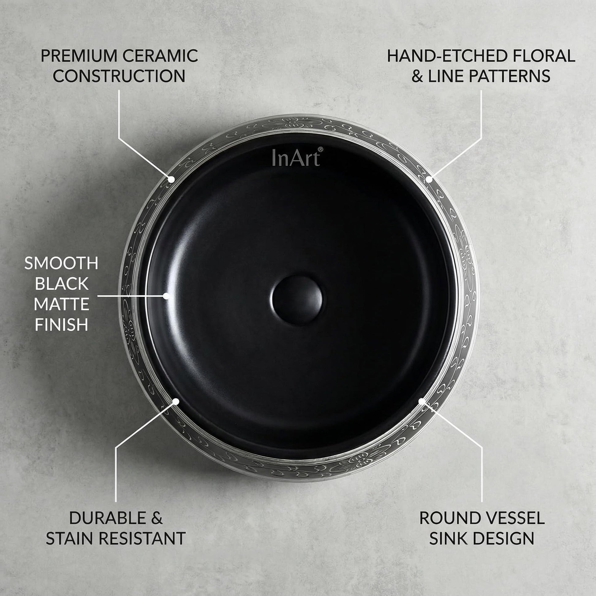 Contemporary wash basin for premium sanitaryware, InArt black round basin close-up of glaze finish