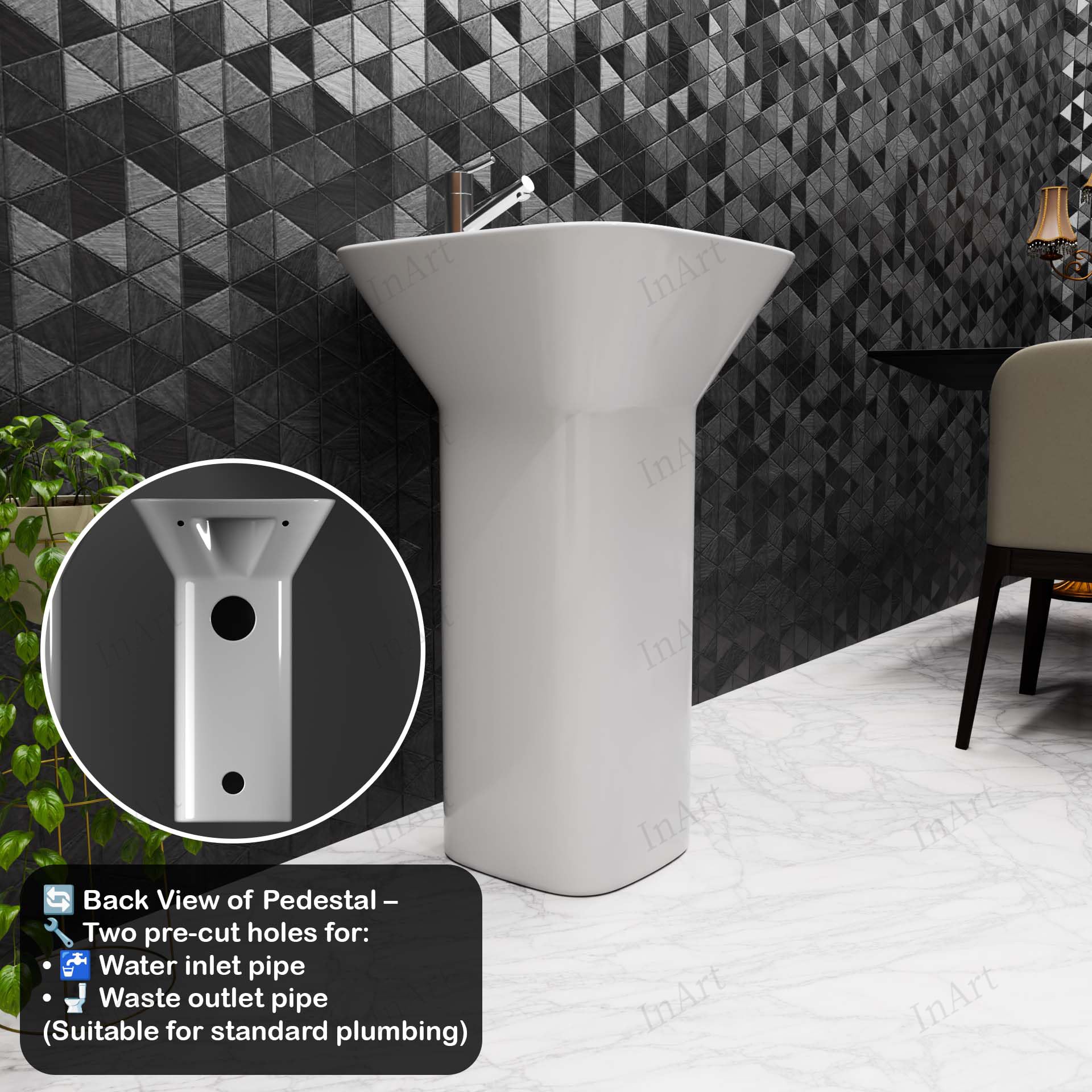InArt modern pedestal wash basin for bathroom, square ceramic single piece pedestal sink side angle view