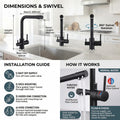 InArt 3 way kitchen sink mixer tap showing 360° rotating spout and deck base, black sink brass tap