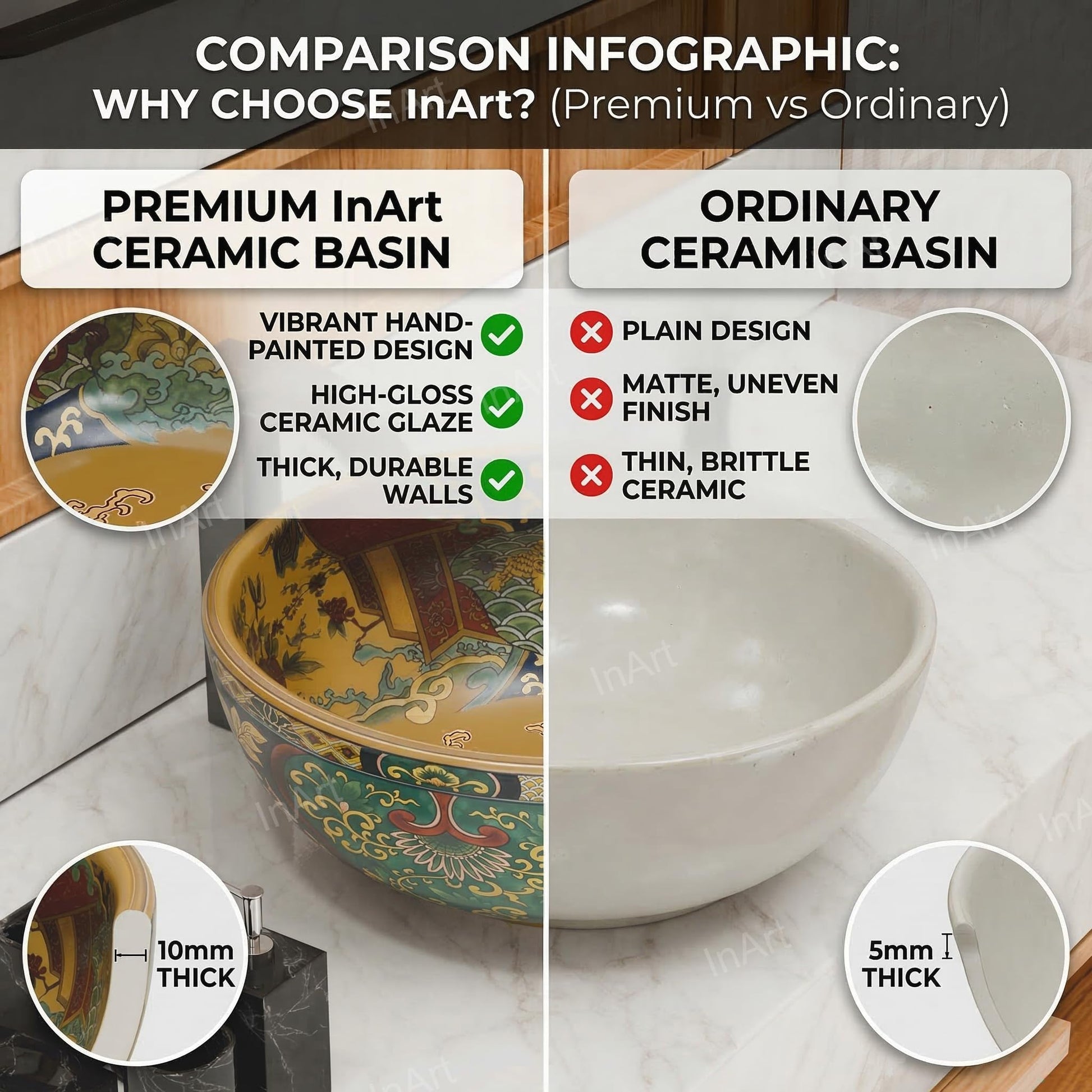 InArt table top round wash basin with smooth rim and deep bowl, Moroccan design ceramic, detail view
