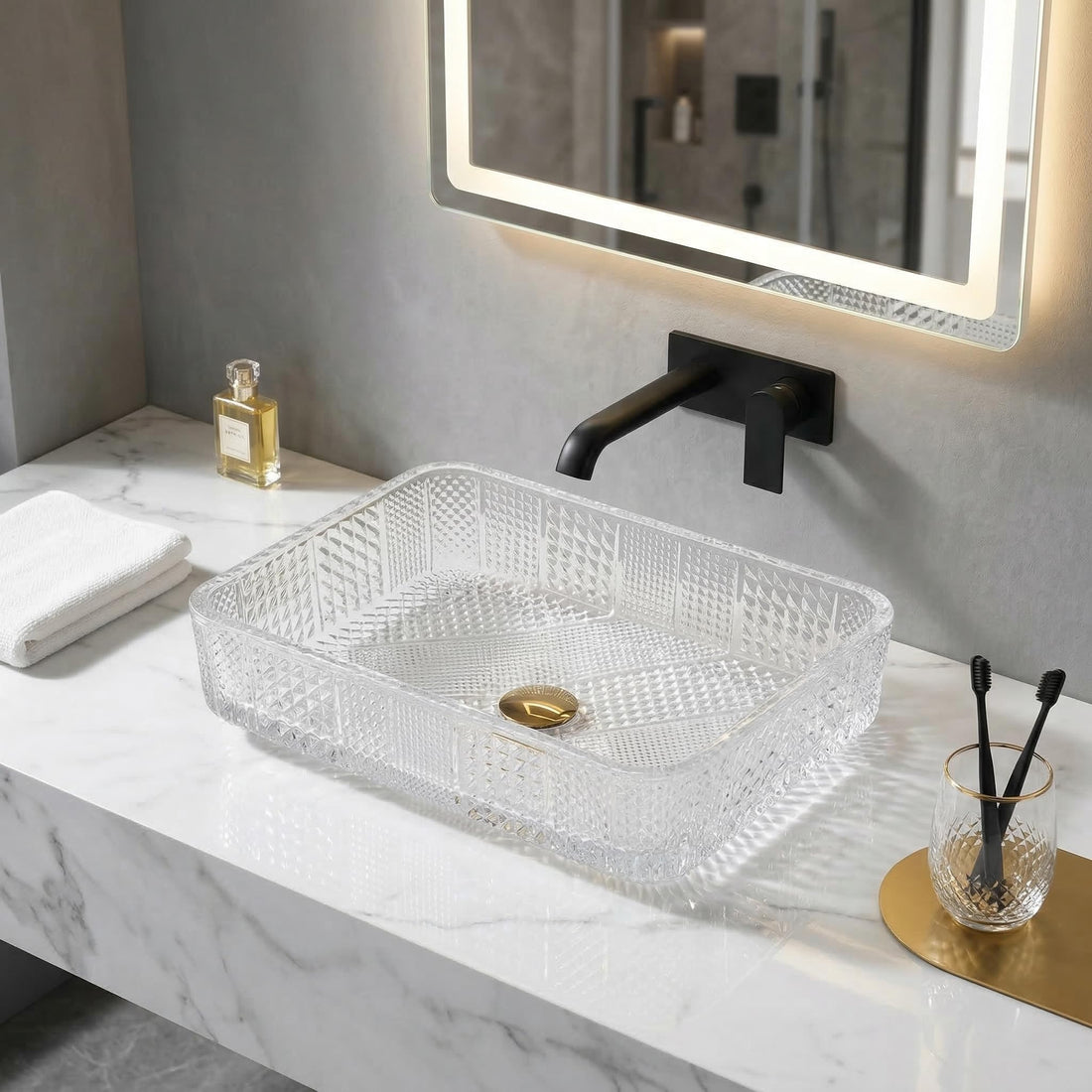InArt transparent glass wash basin, tempered glass rectangular table top sink with clear glossy finish