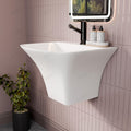 Wall hung wash basin with half pedestal, modern rectangular slim rim design in polished white, angled view