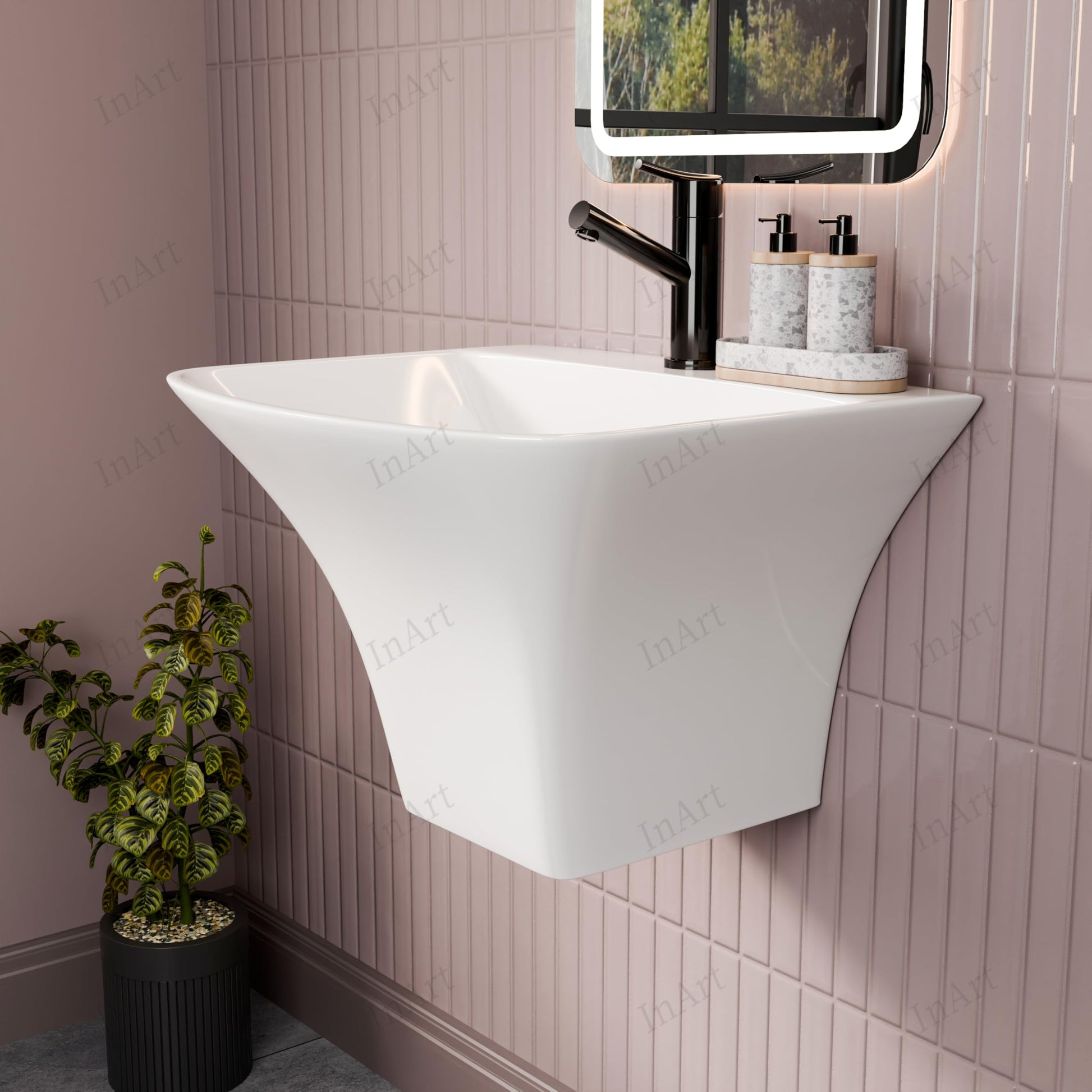 Wall hung wash basin with half pedestal, modern rectangular slim rim design in polished white, angled view