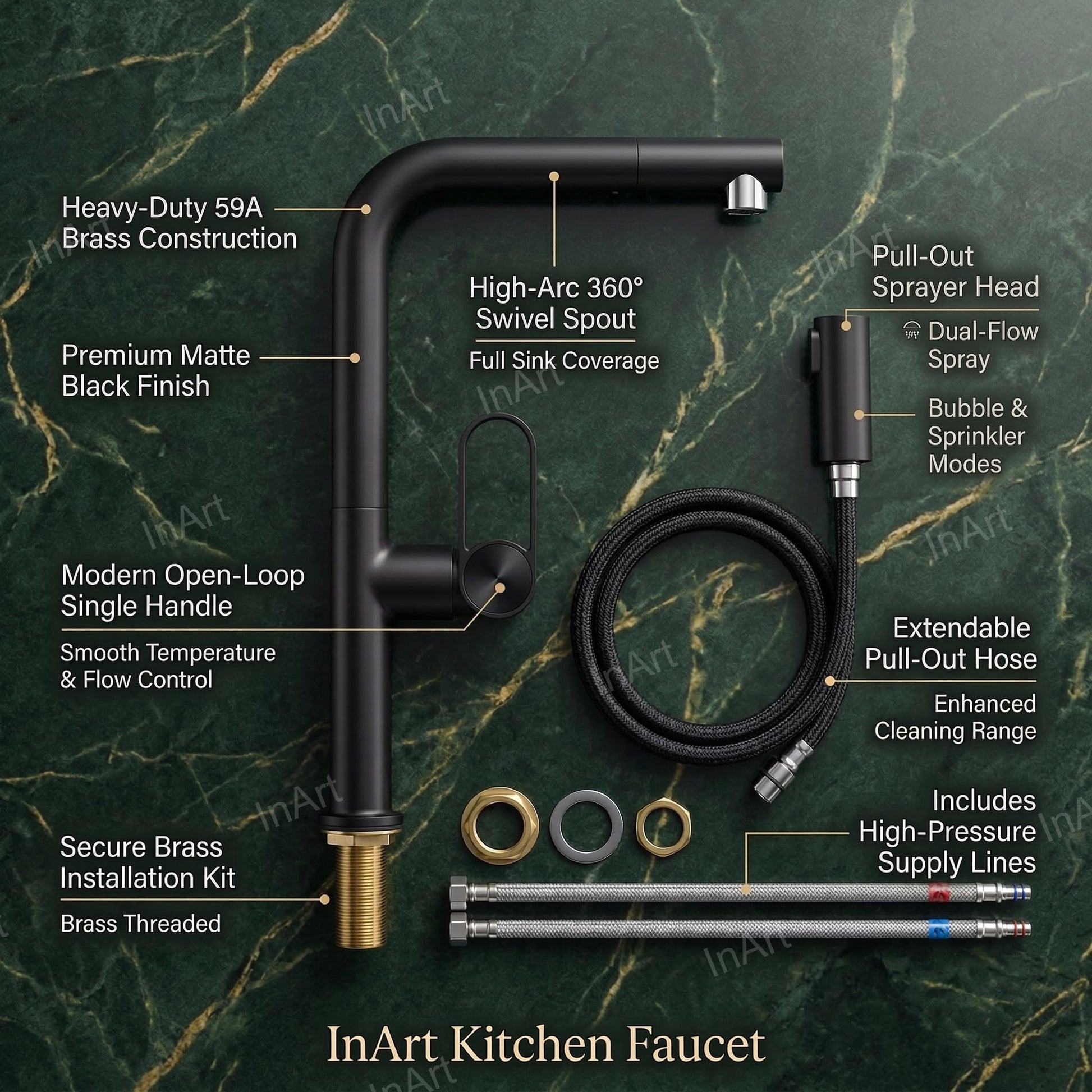 Matte black kitchen sink pull out faucet, high-arc 360° swivel spout, side angle view
