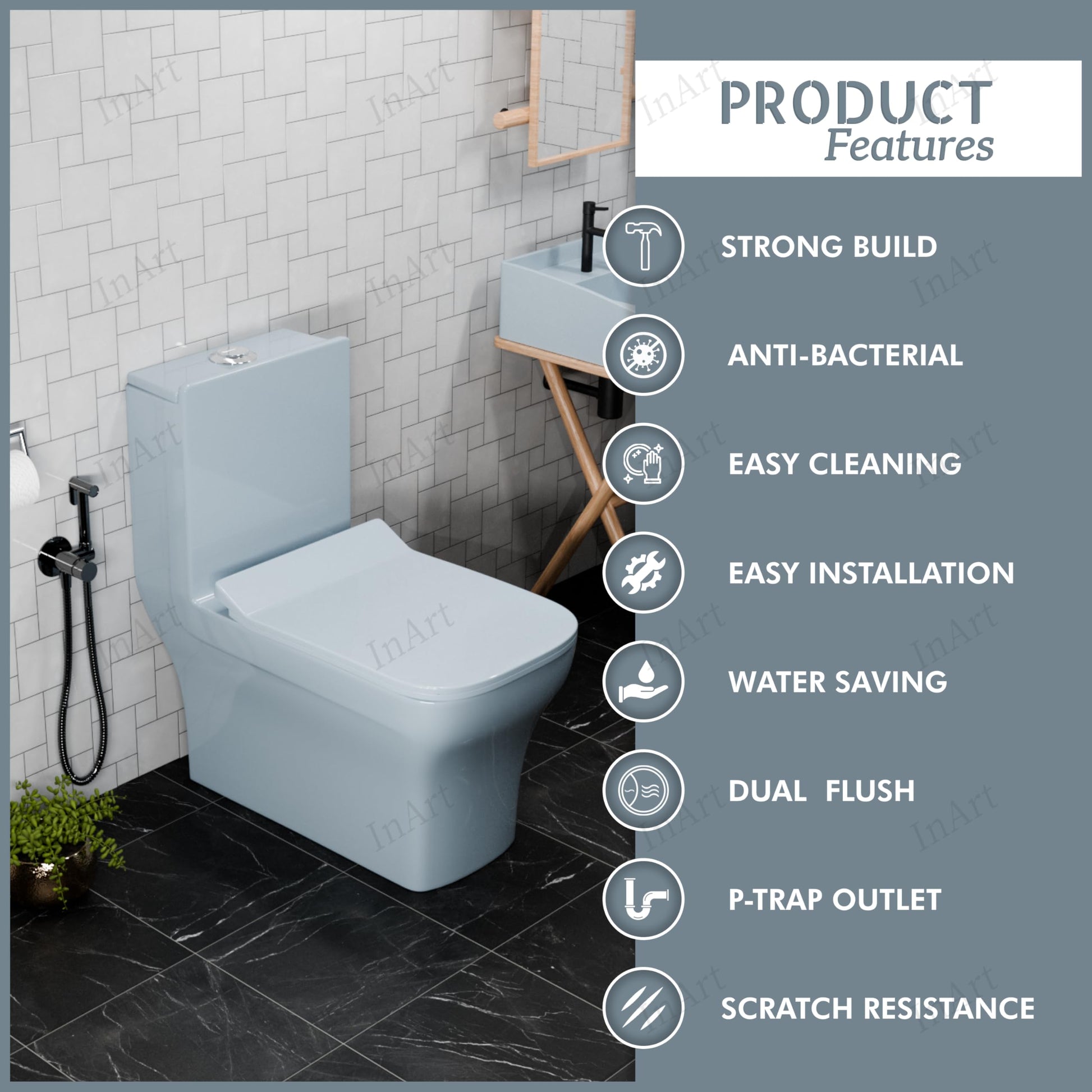 Ceramic one piece western toilet in light blue, front left angle view with soft close seat