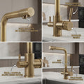 Kitchen tap with water filter in antique brass, dual lever 3-way filtered water sink faucet, front angle view