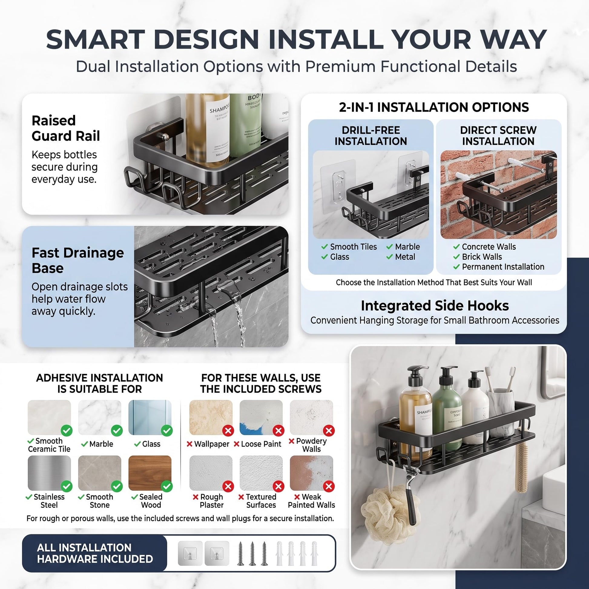 Modern matte black wall storage shelf for wash basin area and daily toiletries