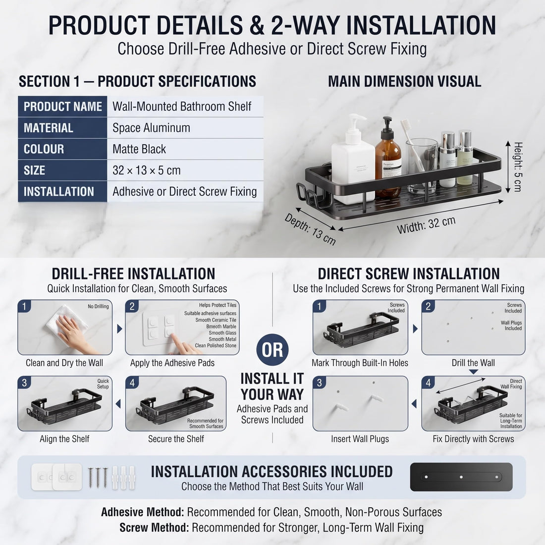 Matte black aluminium wall mounted bathroom shelf set of 2 with side hooks